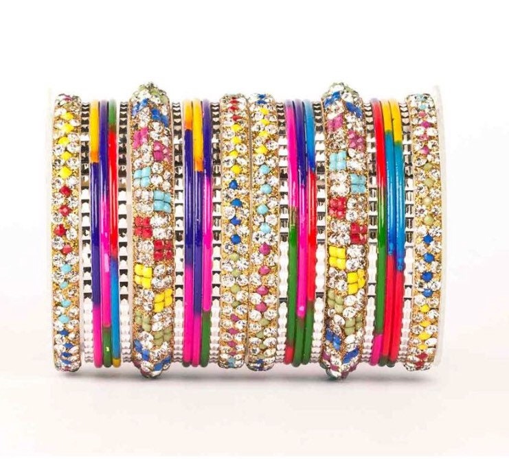 Multi Indian Bangle Stack Jewellery Bangles Set with Jewelled Kangans Diamante | Metal Bangles | Bollywood Bangles | 26 Bangles