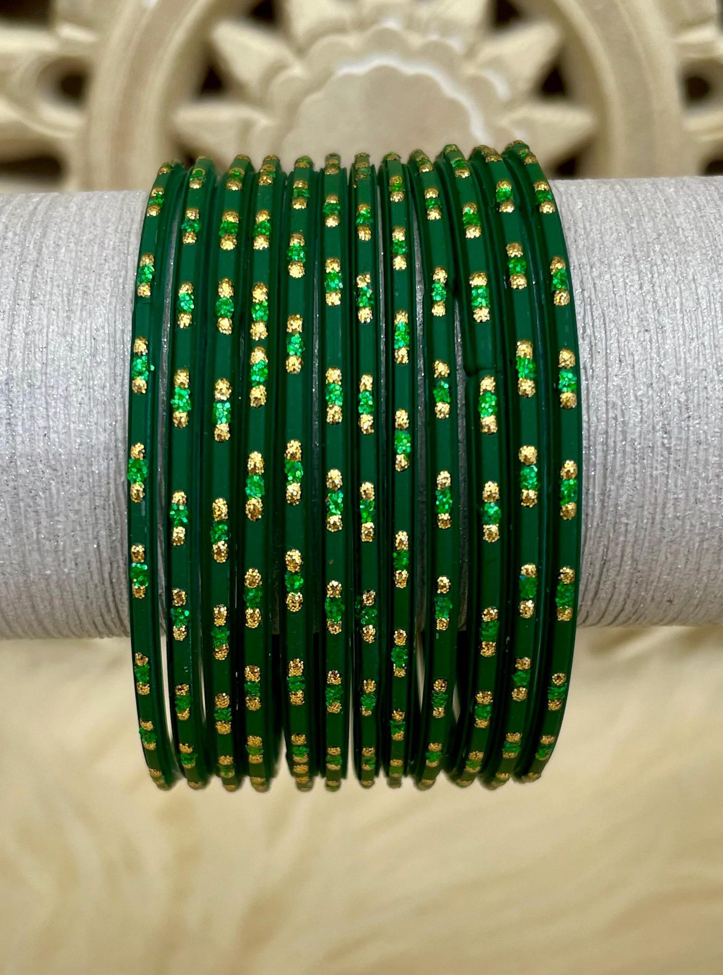Glass Bangles- Dark Green Colour Pack of 12 Glitter