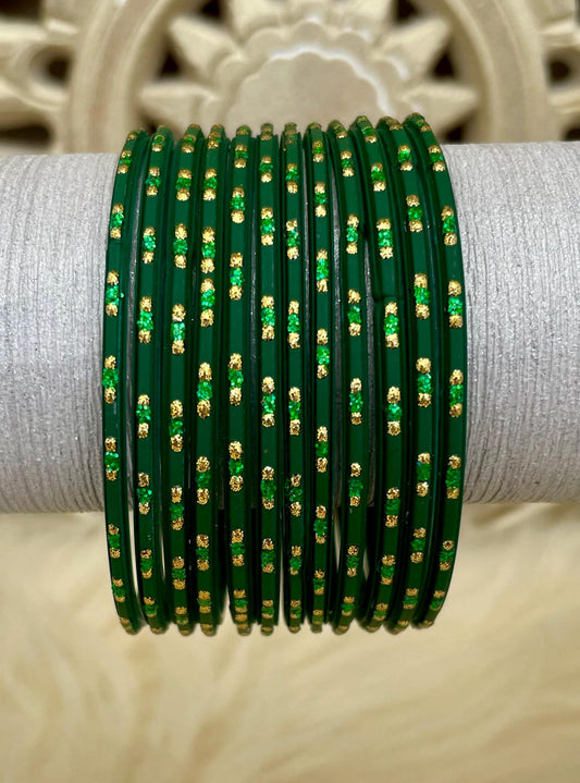 Glass Bangles- Dark Green Colour Pack of 12 Glitter