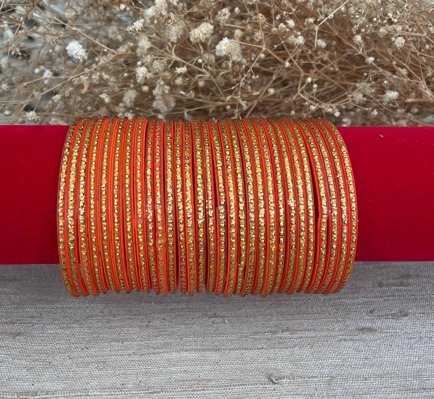 12 Glass Glitter Bangles- Orange/Santra