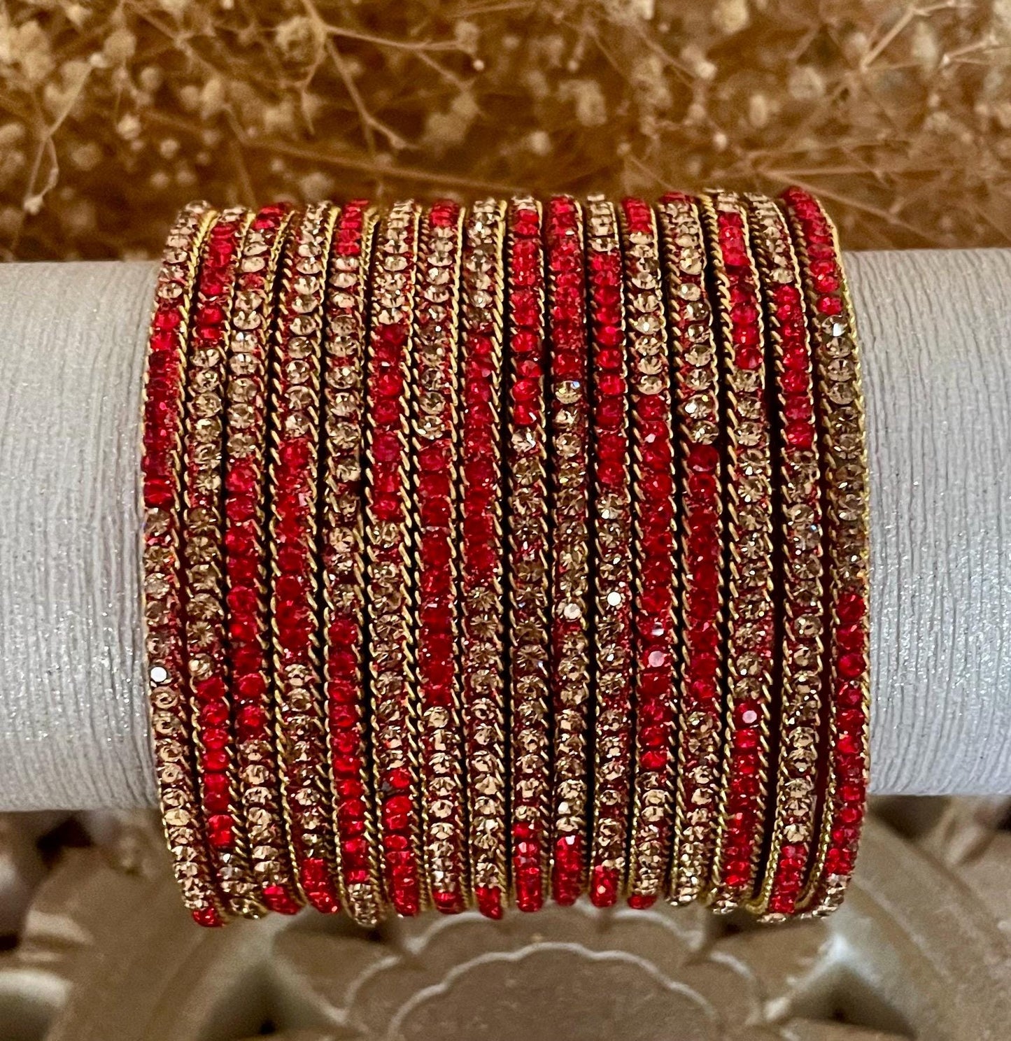Glass Bangles encrusted with rhinestones and Golden chain on edges| Red and Gold Stones | 12 Bangles