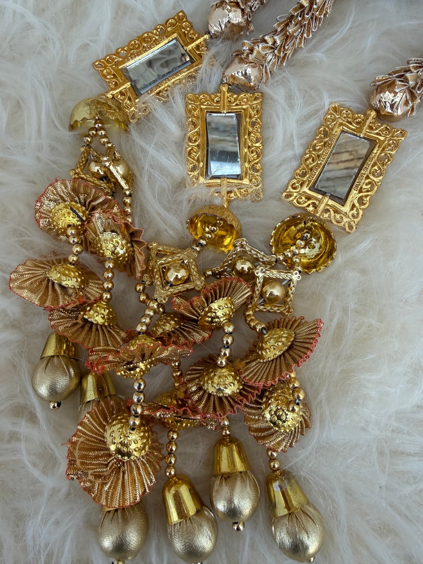 Gold Baubles Mirror Paranda Parande Mehendi Sangeet Maiyo Hair Braids Punjabi Weddings Phulkari