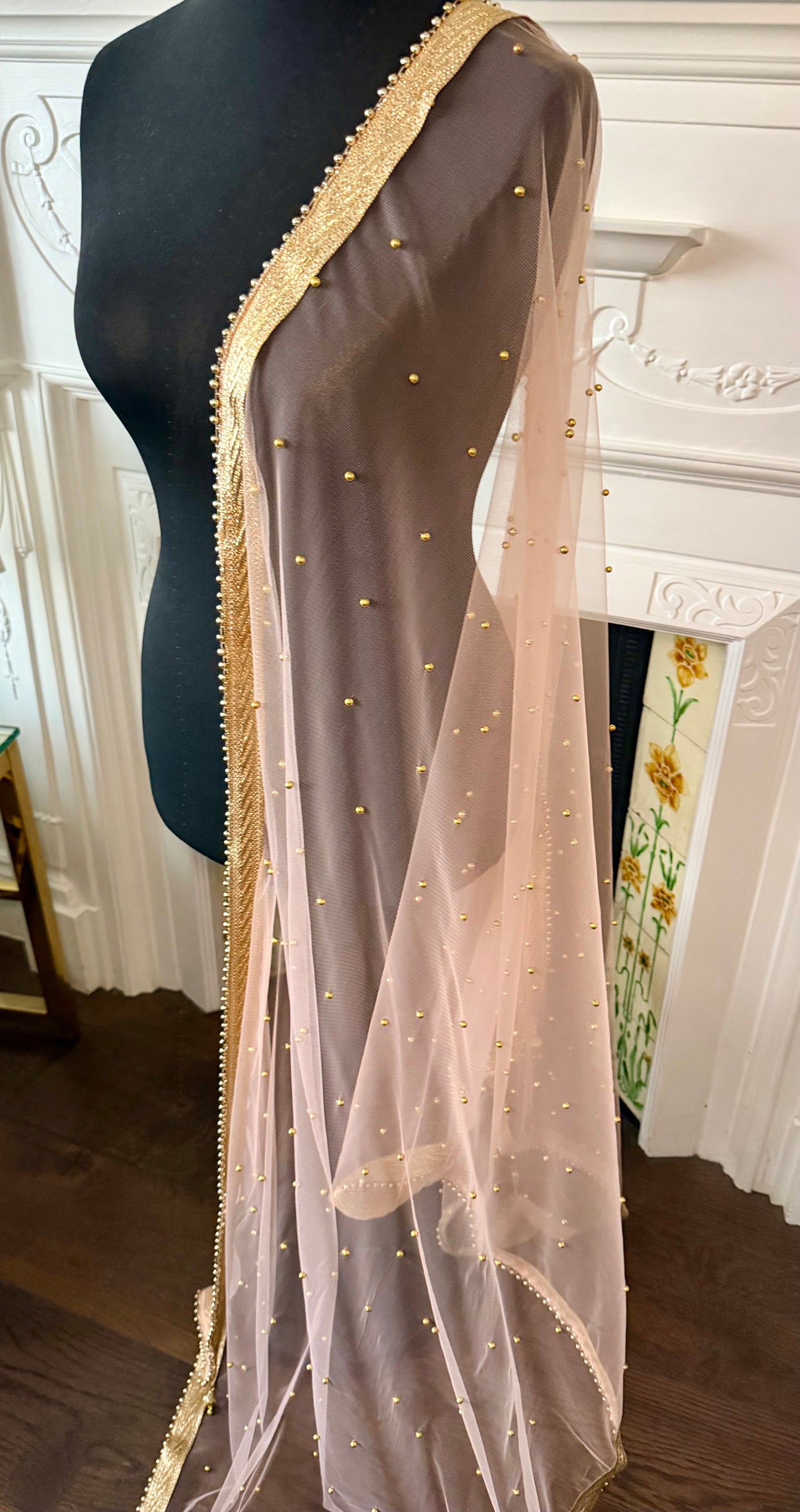 Peach Net Dupatta| Sample Sale| Net| All over beads| Border | Latkan| Clearance might have slight defects*