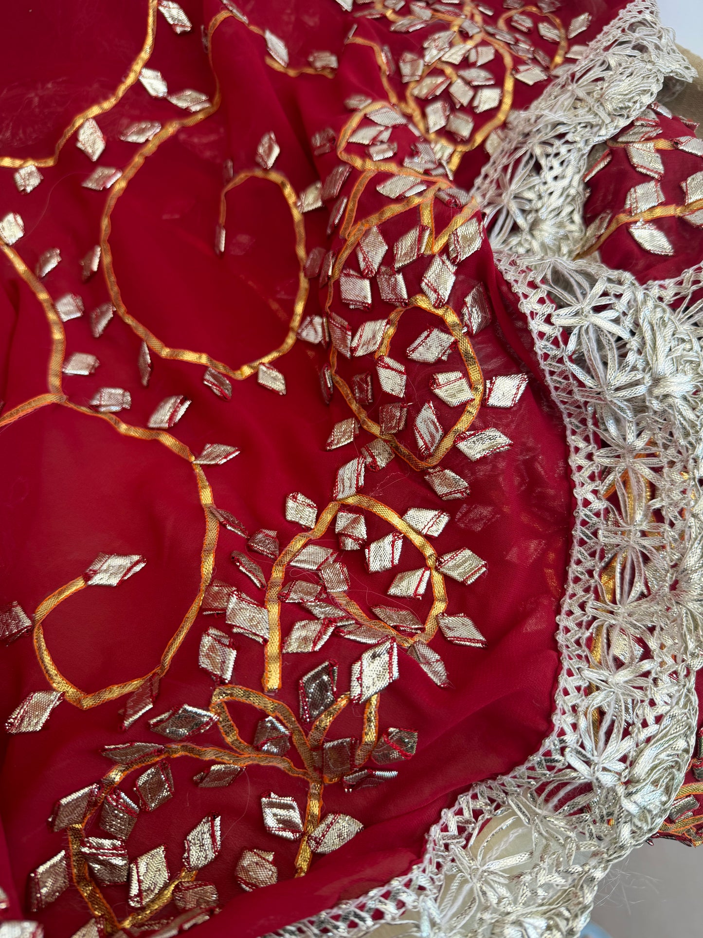 Dark-Red Silver Georgette Dupattas Heavy gota work border Scarf Chunni Chunri Odhni| Clearance