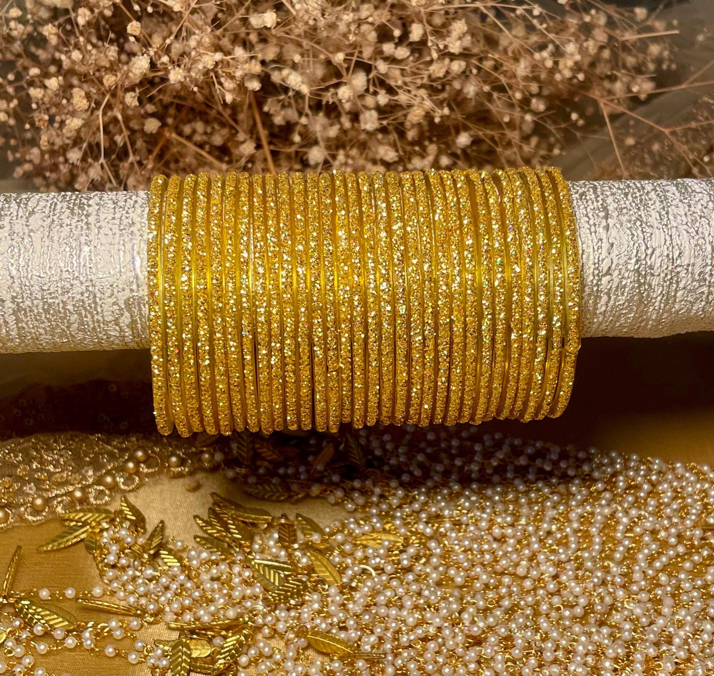 Glass Bangles- Golden Pack of 12 Glitter Gold