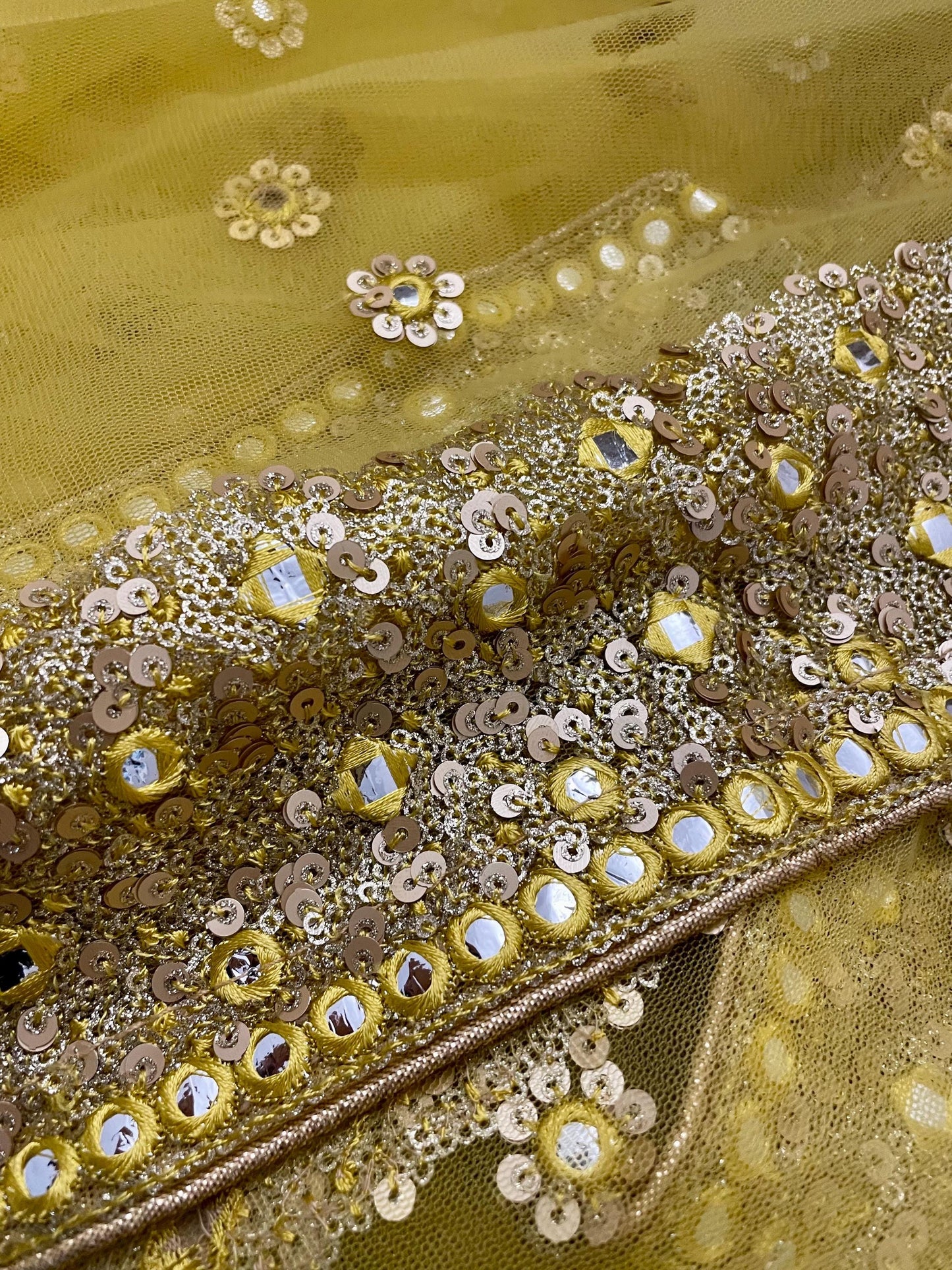Yellow| Net Duppattas Broad Sequin cluster faux mirror work border Scarf Chunni Chunri Odhni Weddings Dressing