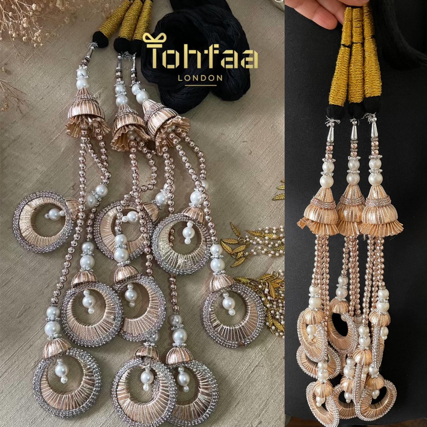 Bridal Paranda: Rose Gold Punjabi Hair Tassel with Pearls