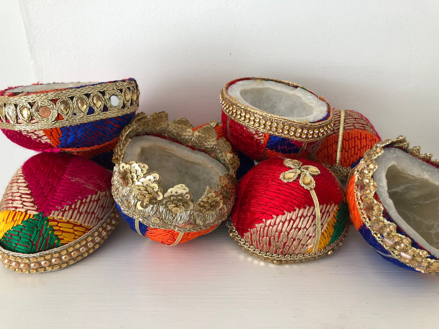 10 x Phulkari Thuttis Decorated Coconut Halves Nariyal essential Sikh Wedding Ladies Milni South Indian Wedding Accessory Asian Weddings