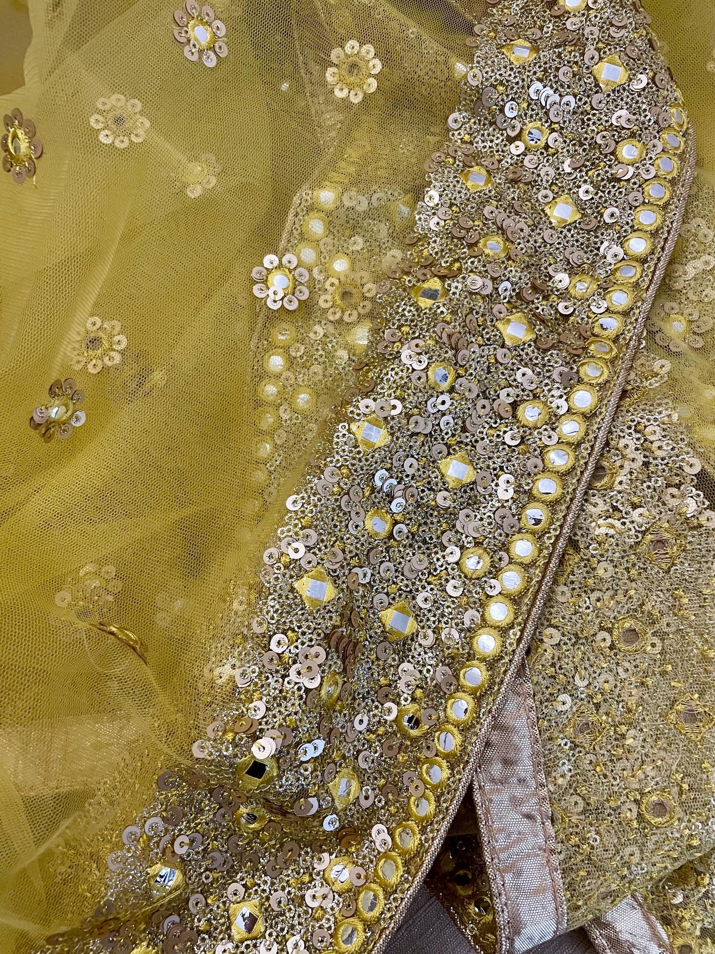 Yellow| Net Duppattas Broad Sequin cluster faux mirror work border Scarf Chunni Chunri Odhni Weddings Dressing