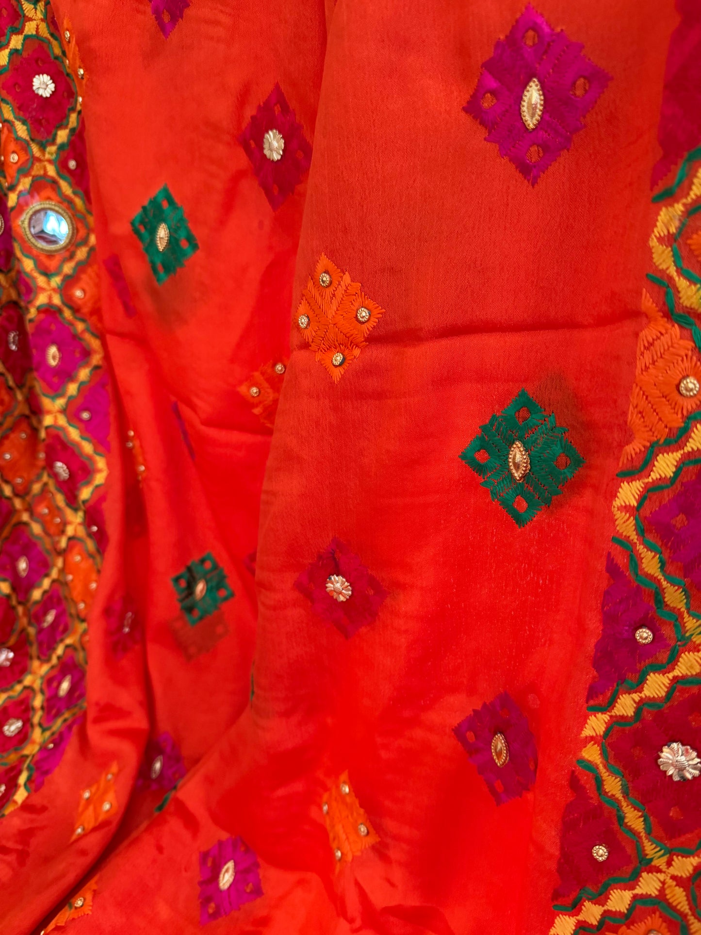 Orange Chinon Dupatta | Multicolor Mirror Embroidered Scarf | Indian Ethnic Dupatta | Lightweight Shawl Phulkari| Clearance
