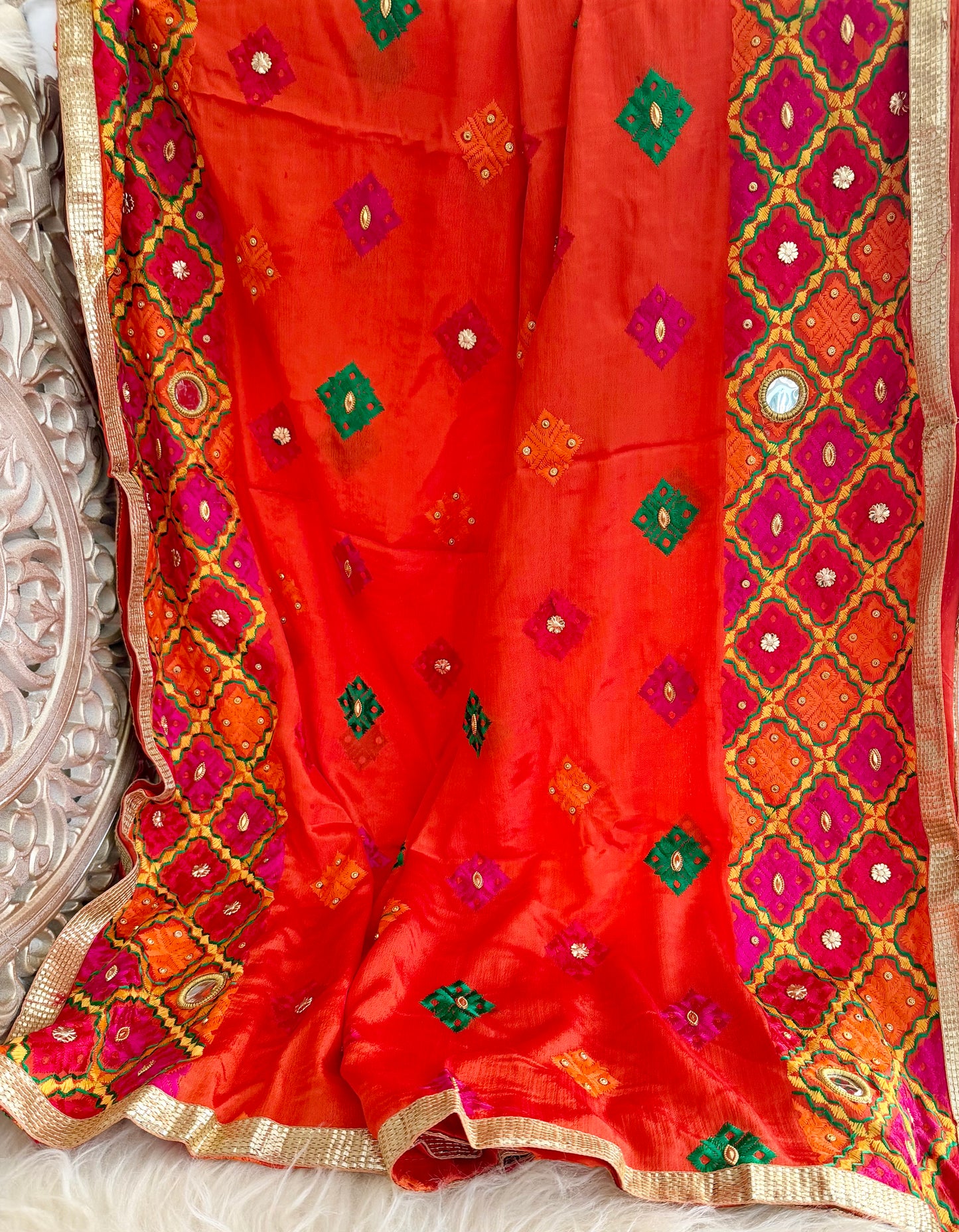 Orange Chinon Dupatta | Multicolor Mirror Embroidered Scarf | Indian Ethnic Dupatta | Lightweight Shawl Phulkari| Clearance