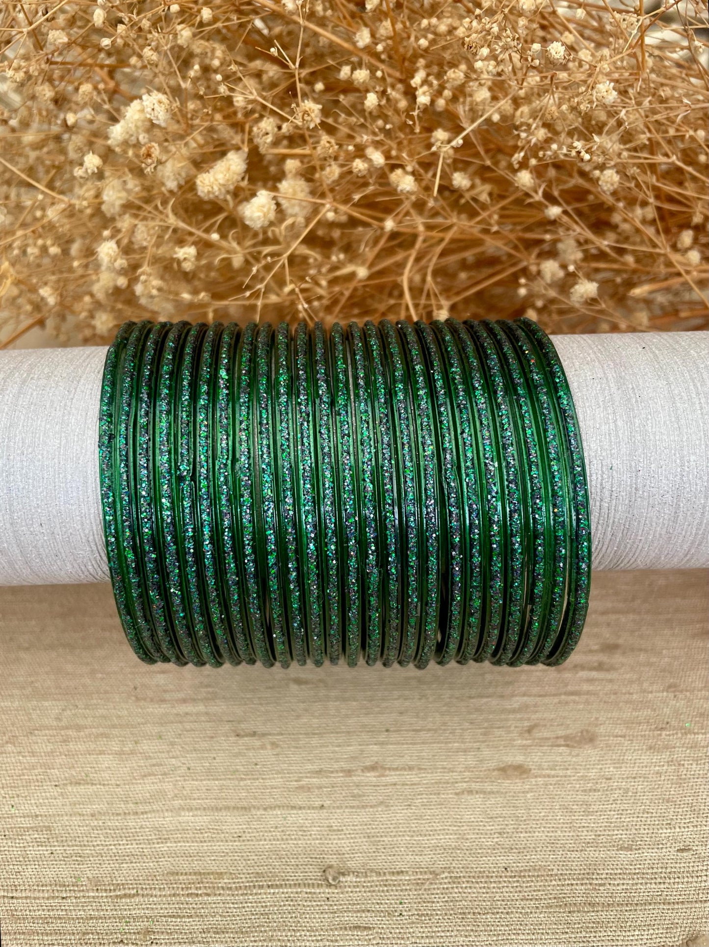 Glass Bangles- Green Dark Kai Colour Pack of 12 Glitter