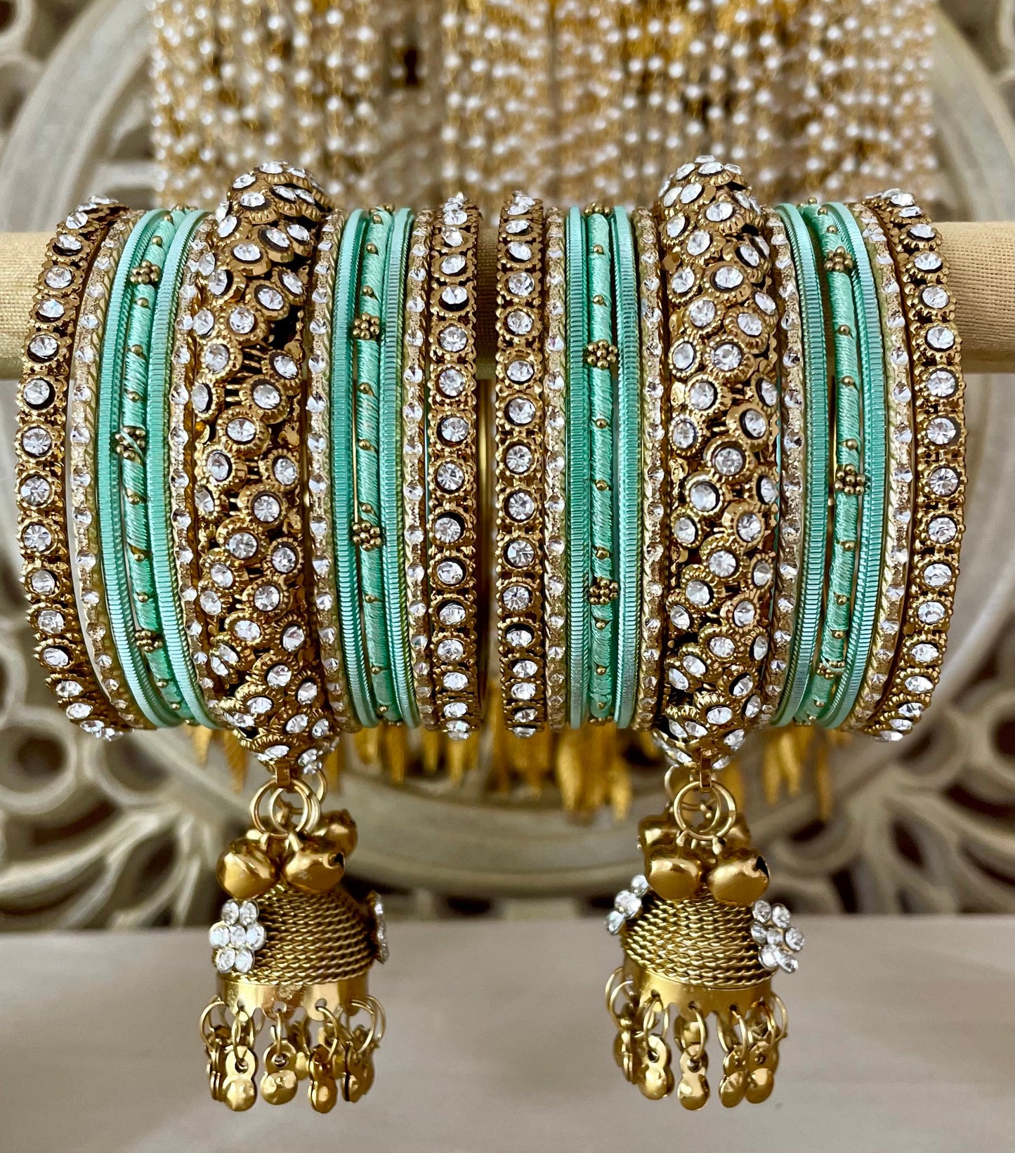 Indian Jhumki Latkan Metal& Thread Bangles Set Bollywood Costume Jewelry Diamante Rhinestones