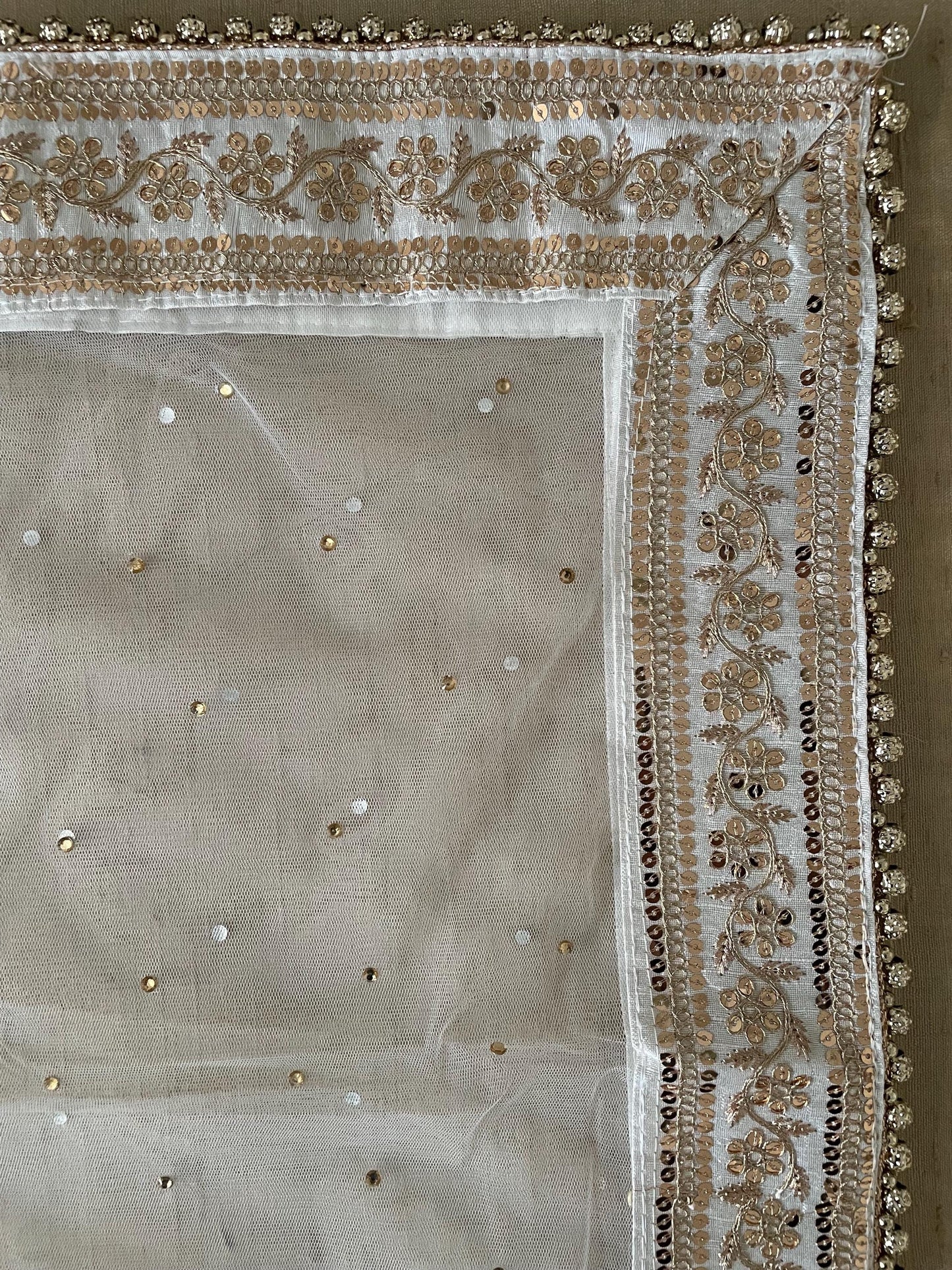 White Bridal Net Duppatta: Golden Bead Trim, Indian Wedding Scarf