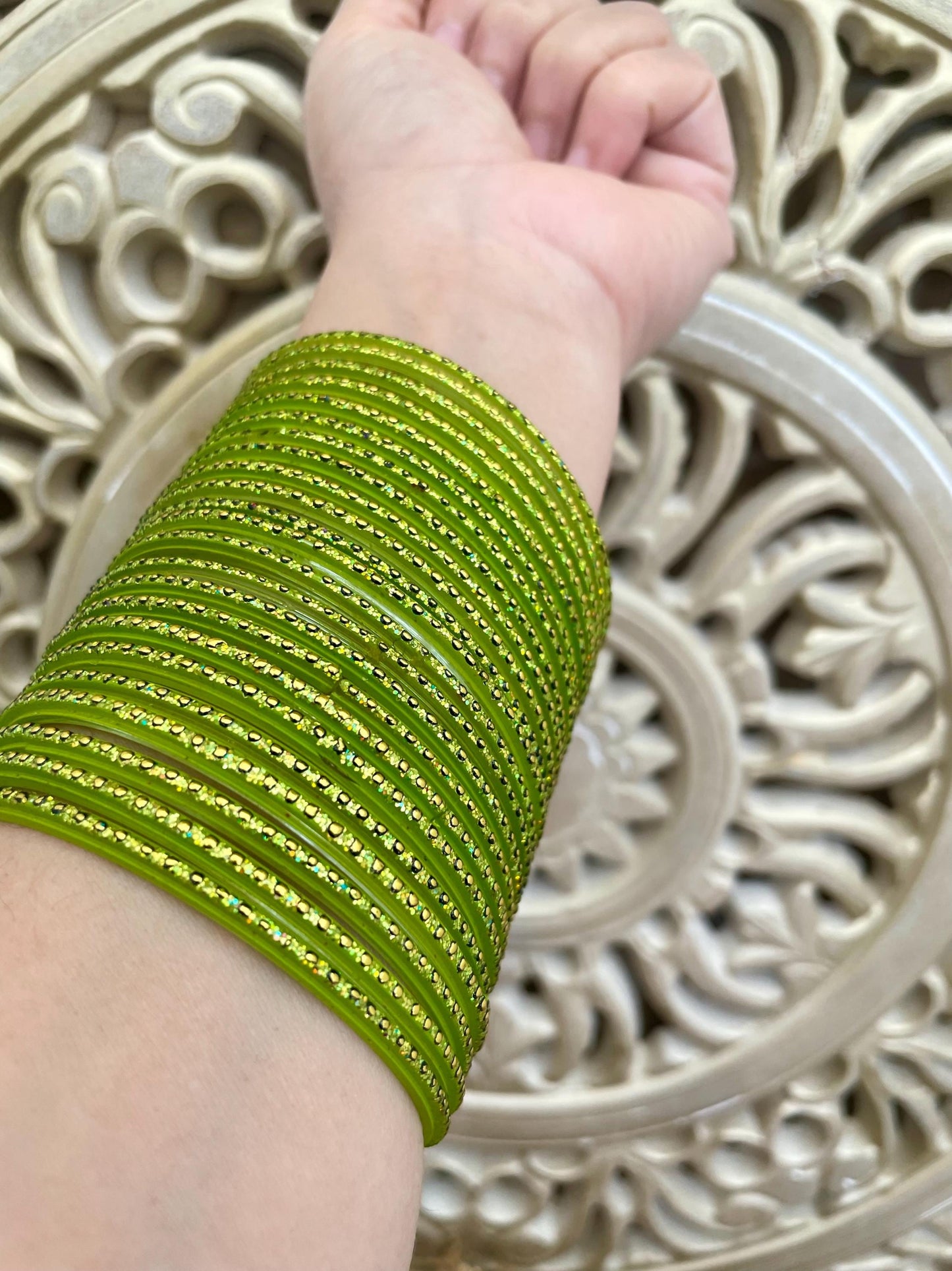 Glass Bangles- Tota Lime Green Colour Pack of 12 Glitter