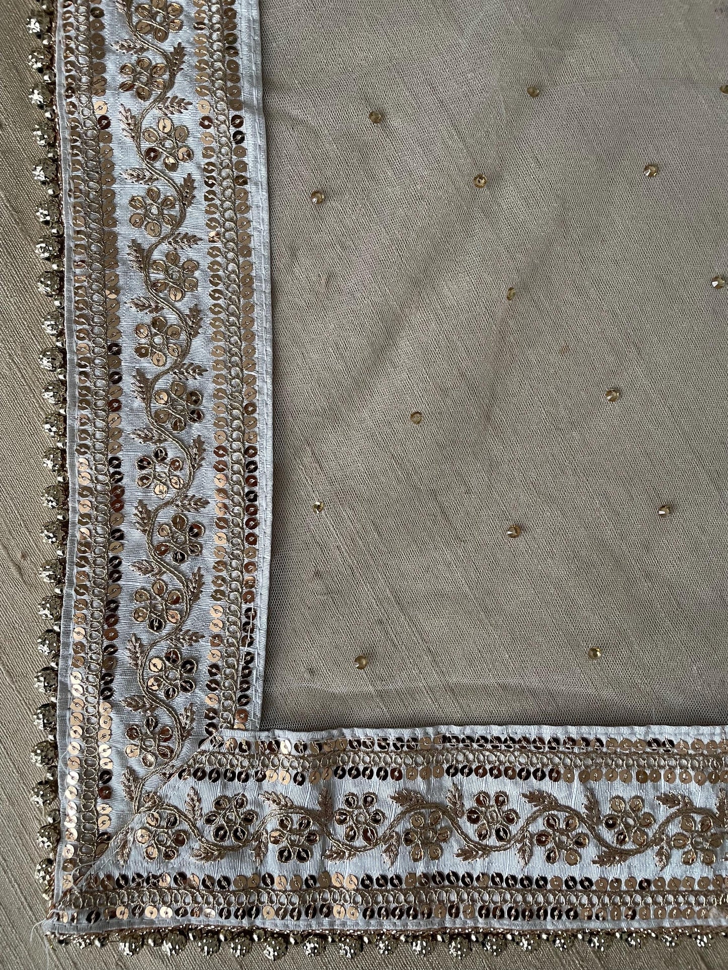 White Bridal Net Duppatta: Golden Bead Trim, Indian Wedding Scarf