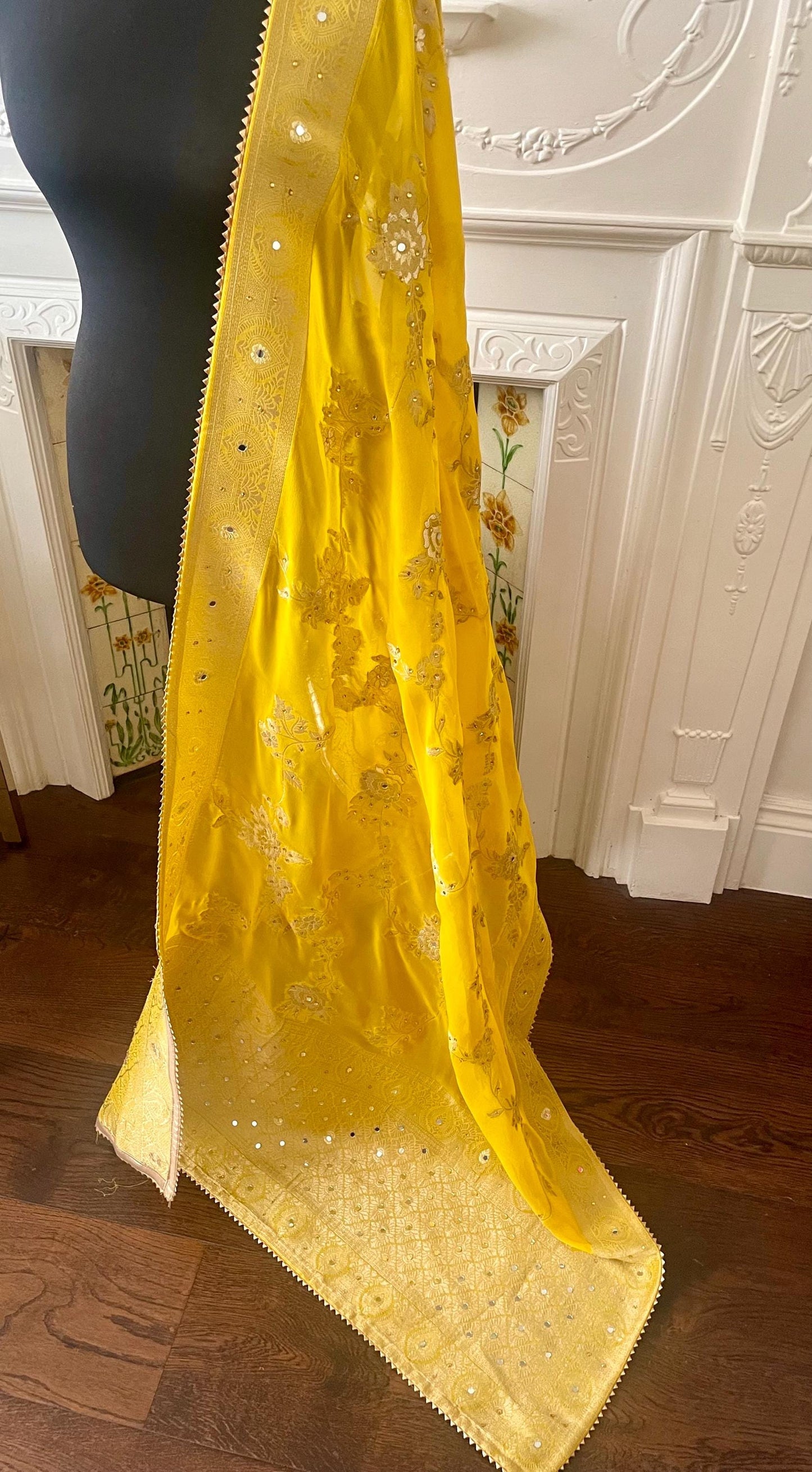 Yellow Benarsi Banarsi Duppattas Scarf Chunni Chunri Odhni with Mirrors and Champagne Rhinestones.