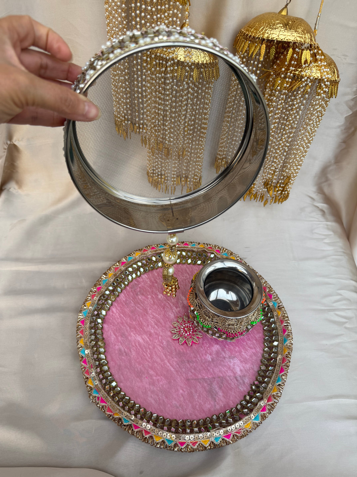 Pink Velvet Karwachauth/Karvachauth/Karwa Chauth/Teej Pooja Tray Thaal Karwa Set| 3 pieces