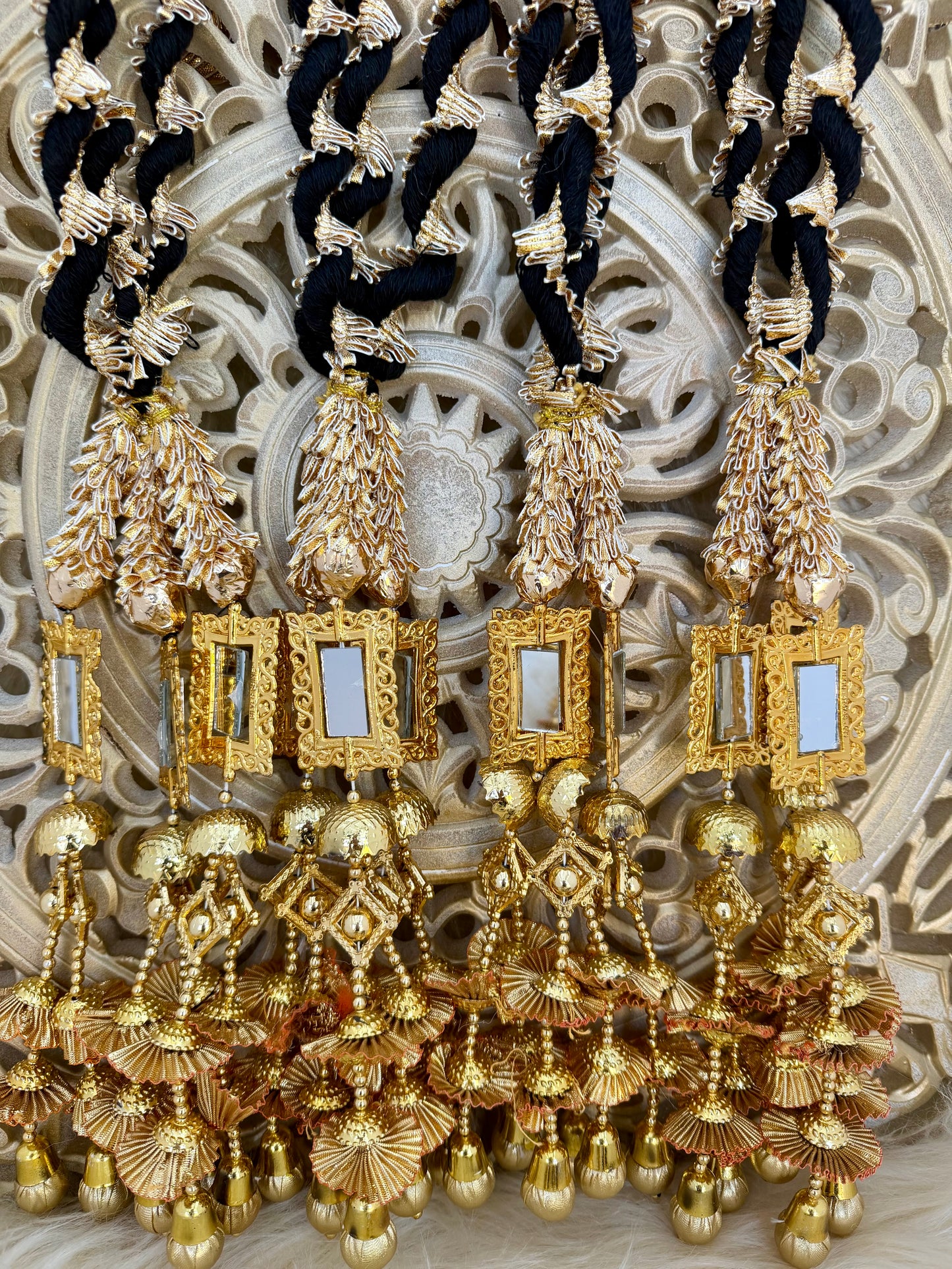 Gold Baubles Mirror Paranda Parande Mehendi Sangeet Maiyo Hair Braids Punjabi Weddings Phulkari