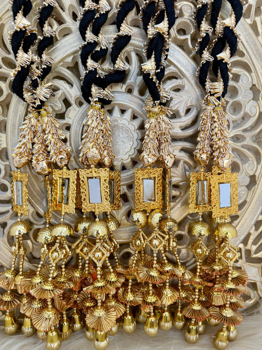Gold Baubles Mirror Paranda Parande Mehendi Sangeet Maiyo Hair Braids Punjabi Weddings Phulkari