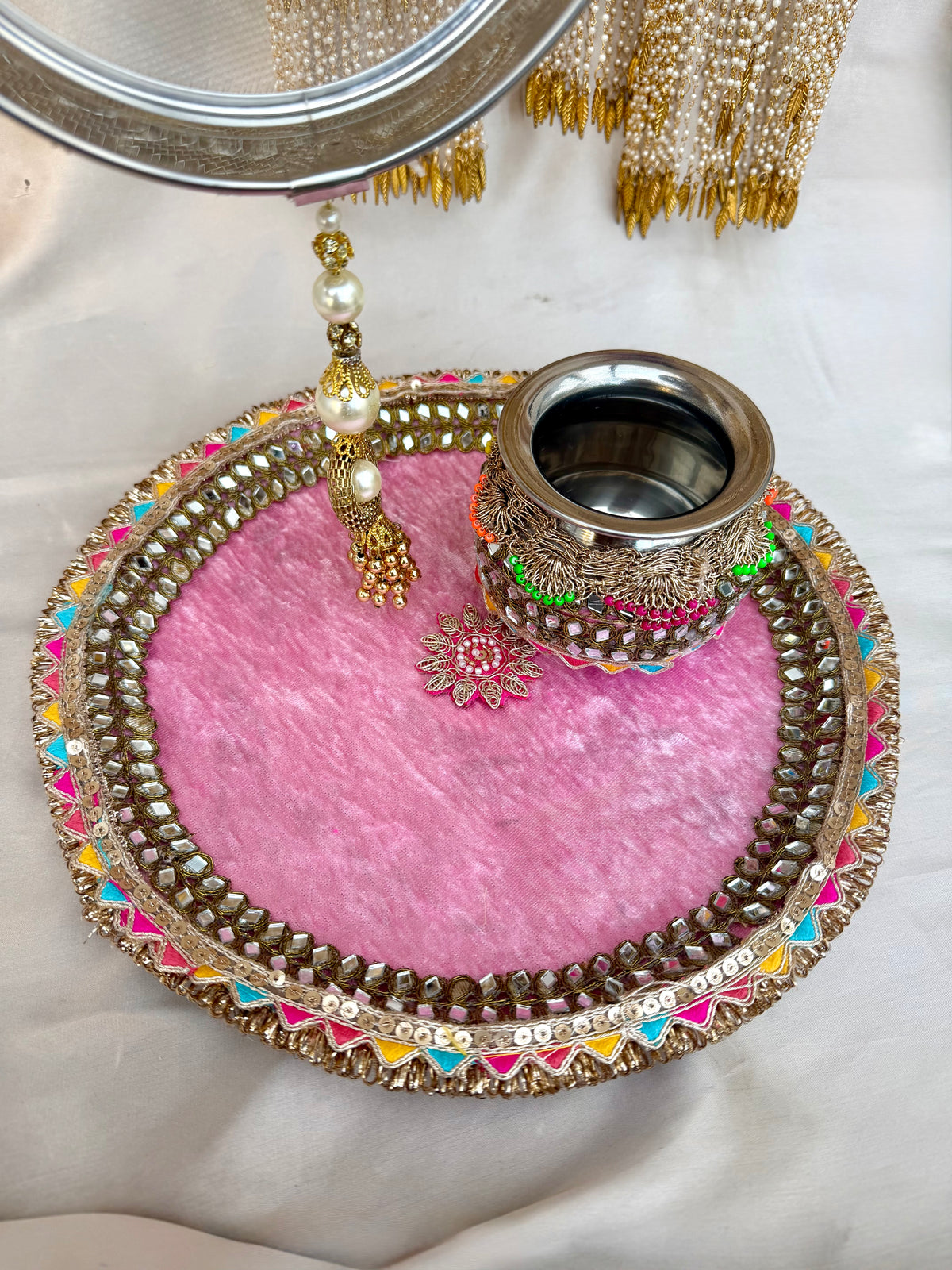 Pink Velvet Karwachauth/Karvachauth/Karwa Chauth/Teej Pooja Tray Thaal Karwa Set| 3 pieces