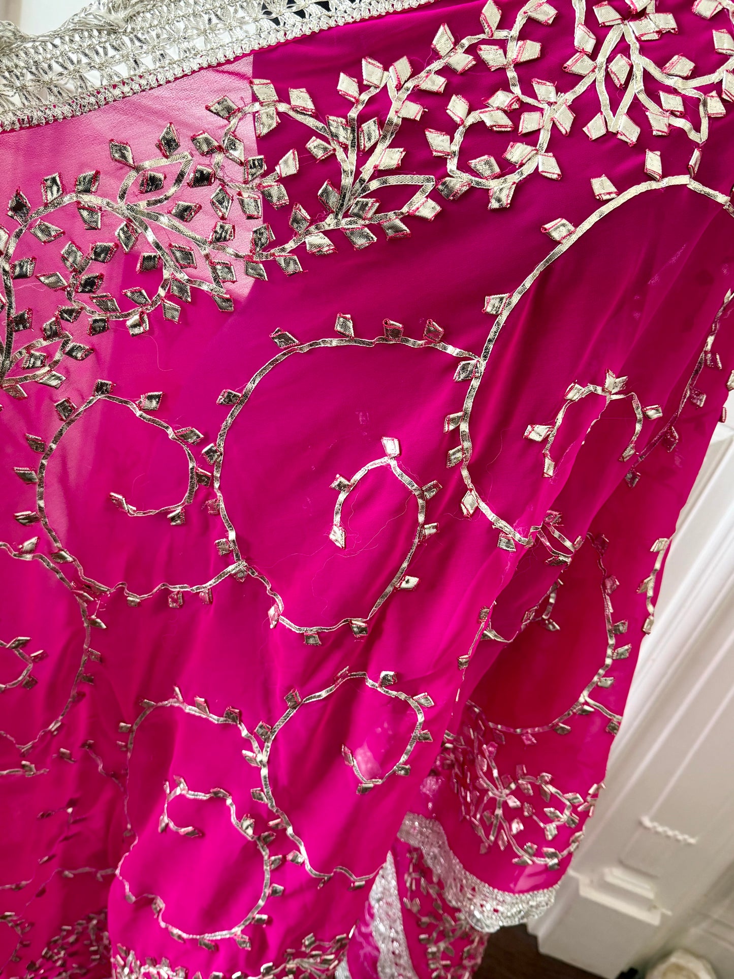 Hot-Pink Silver Georgette Dupattas Heavy gota work border Scarf Chunni Chunri Odhni| Clearance|Defects