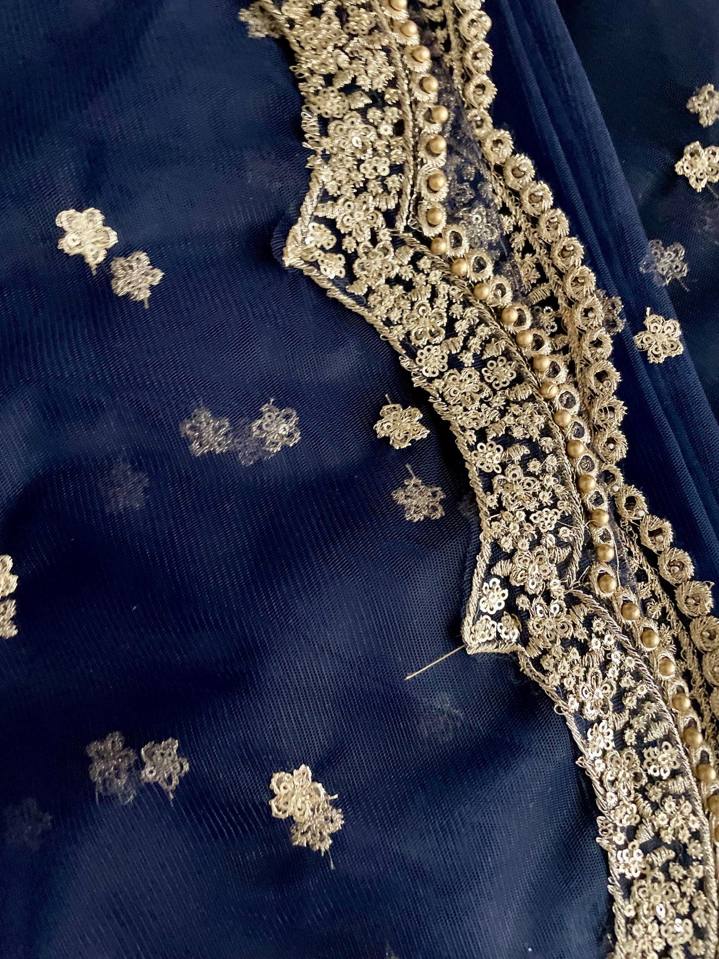 Navy - Blackish Blue| Net Duppattas scallop Sequin Golden beads border Scarf Chunni Chunri