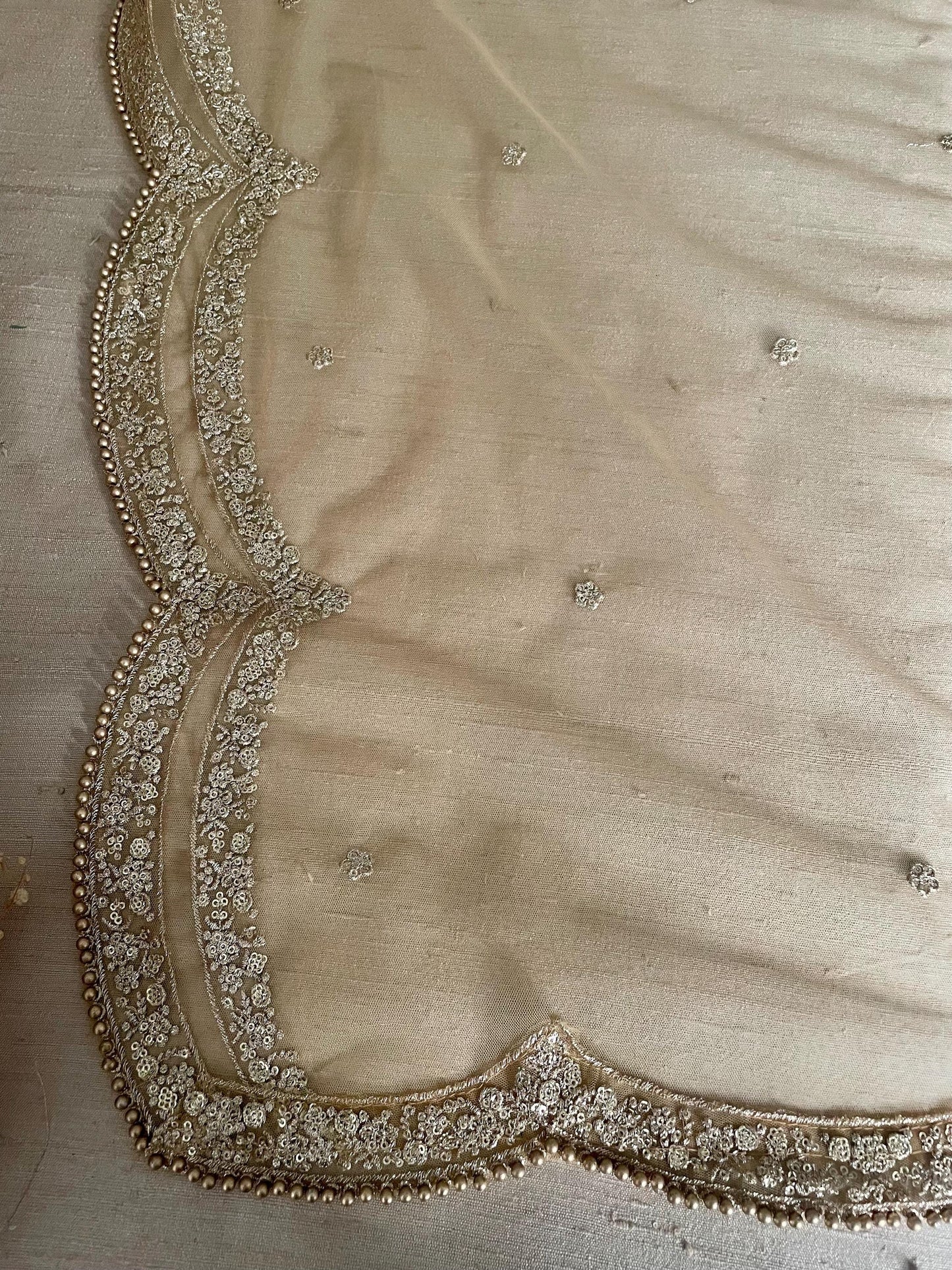 Gold Net Dupatta: Scalloped Sequin Border, Beaded Edges