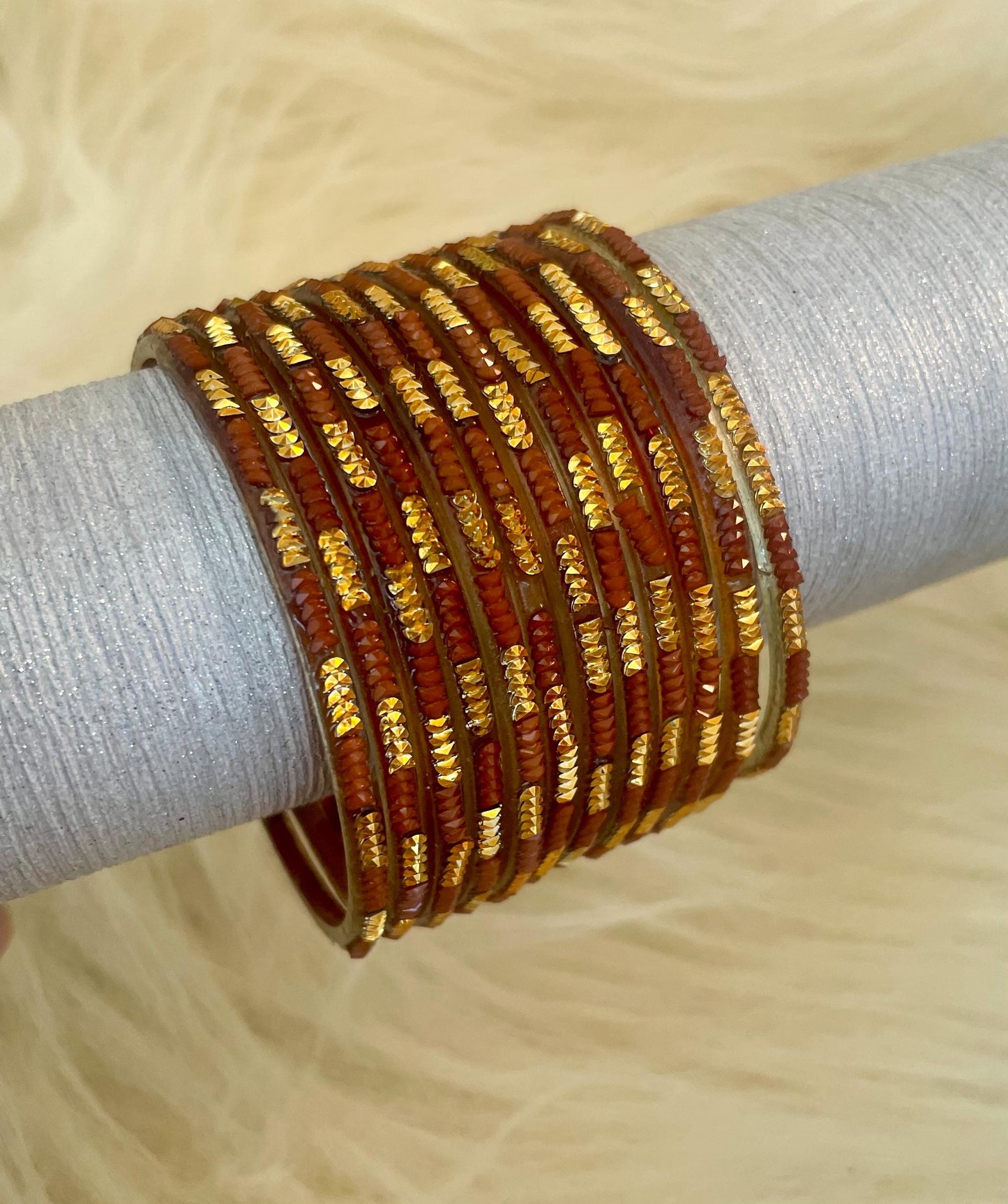 Brown Copper-ish Coloured Glass Bangles with embellishments | 12 Bangles