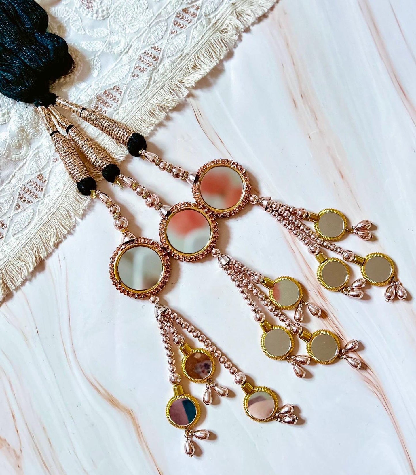 Mirror Paranda: Punjabi Hair Braid Accessory with Copper-Gold Latkans