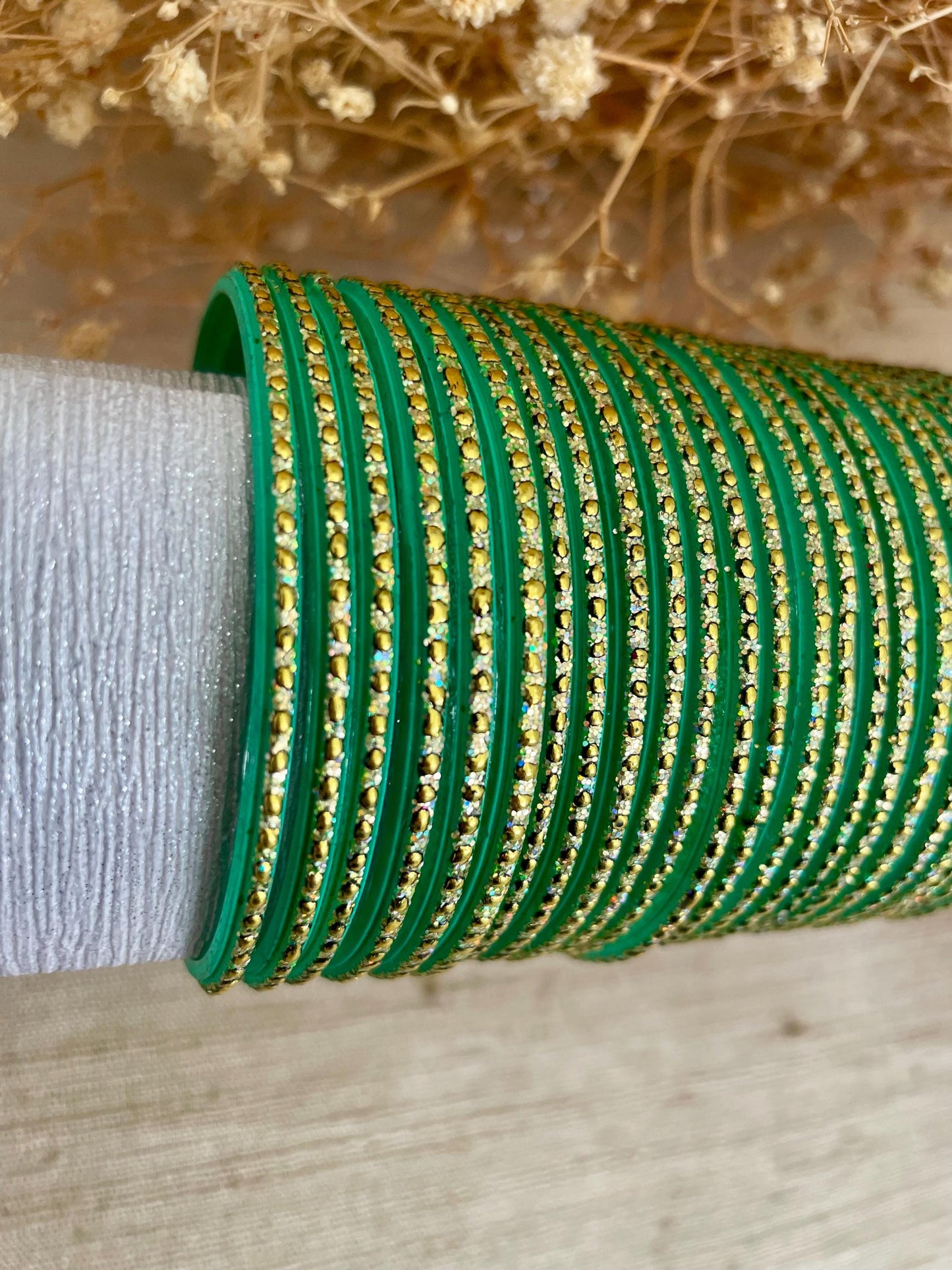Glass Bangles- Pepsi Green Colour Pack of 12 Glitter