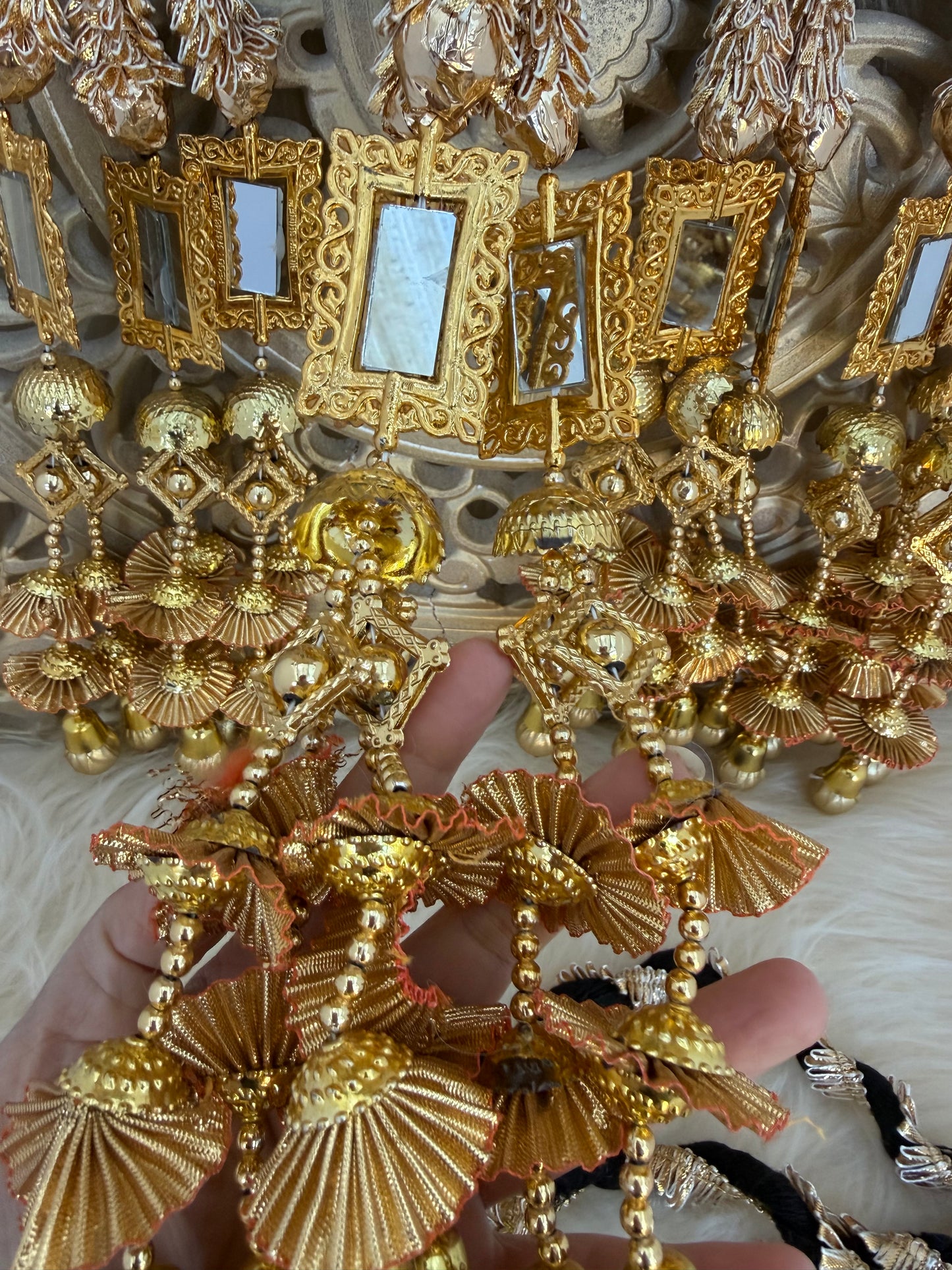 Gold Baubles Mirror Paranda Parande Mehendi Sangeet Maiyo Hair Braids Punjabi Weddings Phulkari