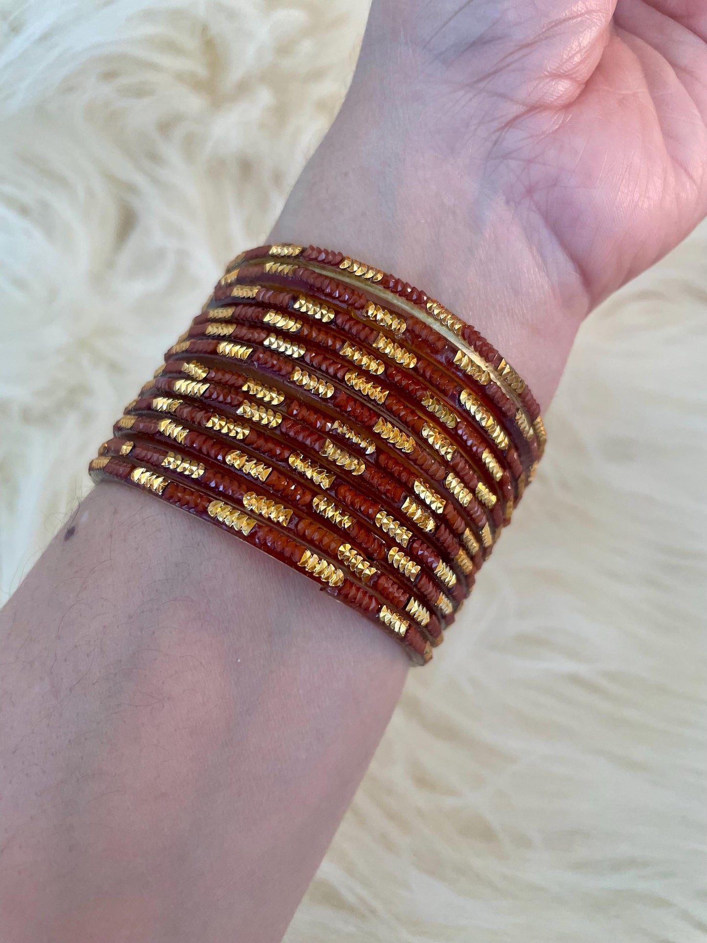 Brown Copper-ish Coloured Glass Bangles with embellishments | 12 Bangles