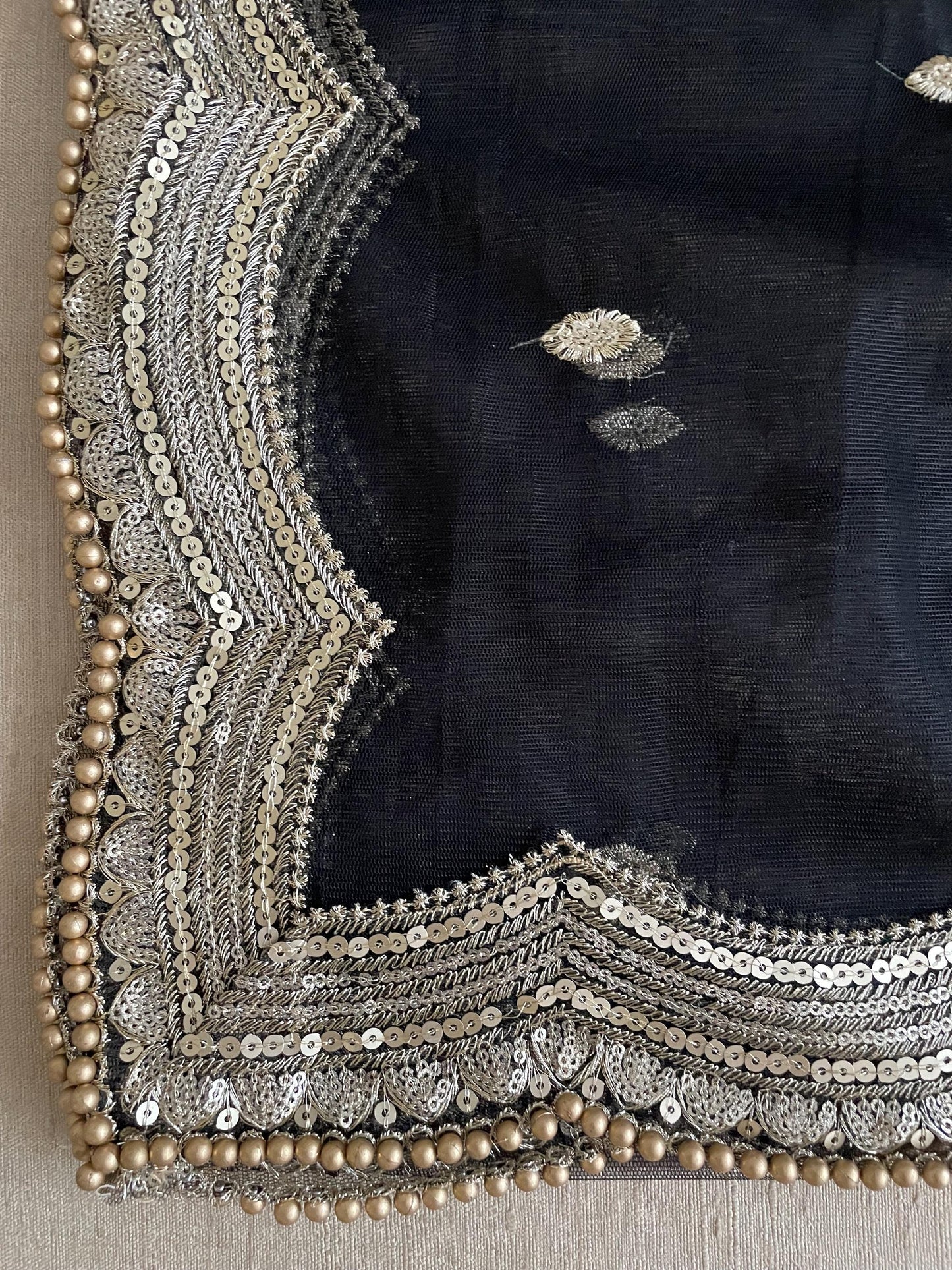 Black Net Dupatta: Scalloped Sequin Border, Golden Beads