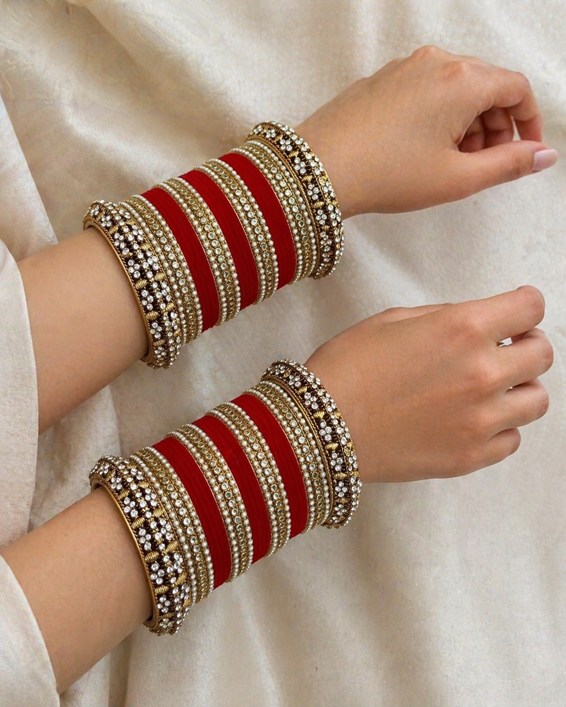 Red Velvet Bridal Bangle Stack: Kundan Indian Jewelry| Pearls| Chooras | Set for both hands| Can be customised in other colours*