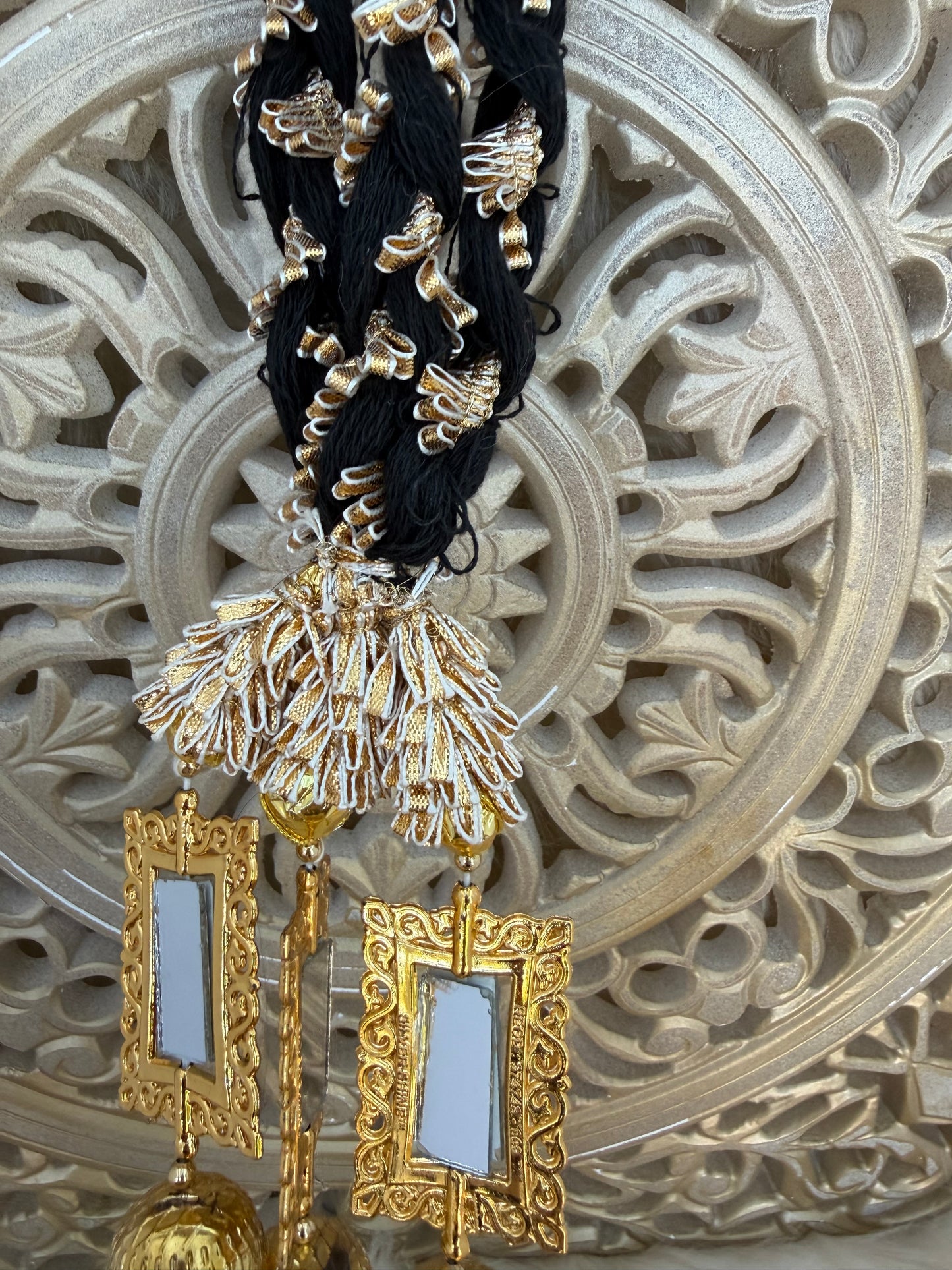 Gold Baubles Mirror Paranda Parande Mehendi Sangeet Maiyo Hair Braids Punjabi Weddings Phulkari