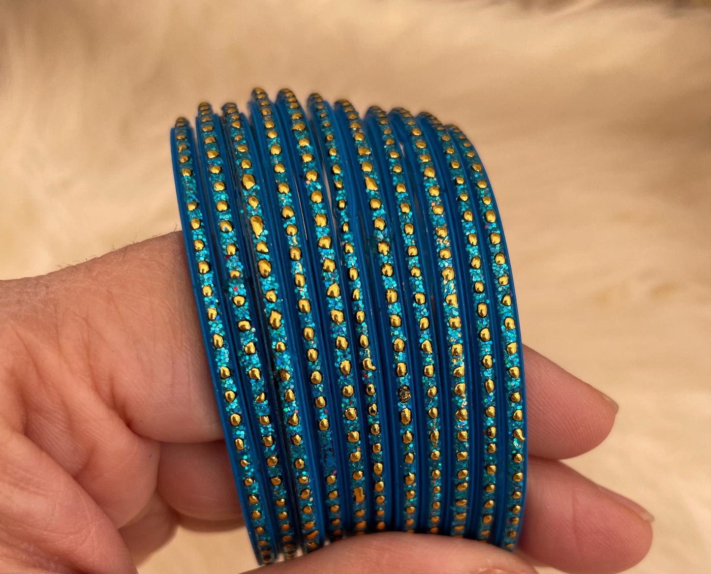 Glass Bangles- Blue Firozi Colour Pack of 12 Glitter