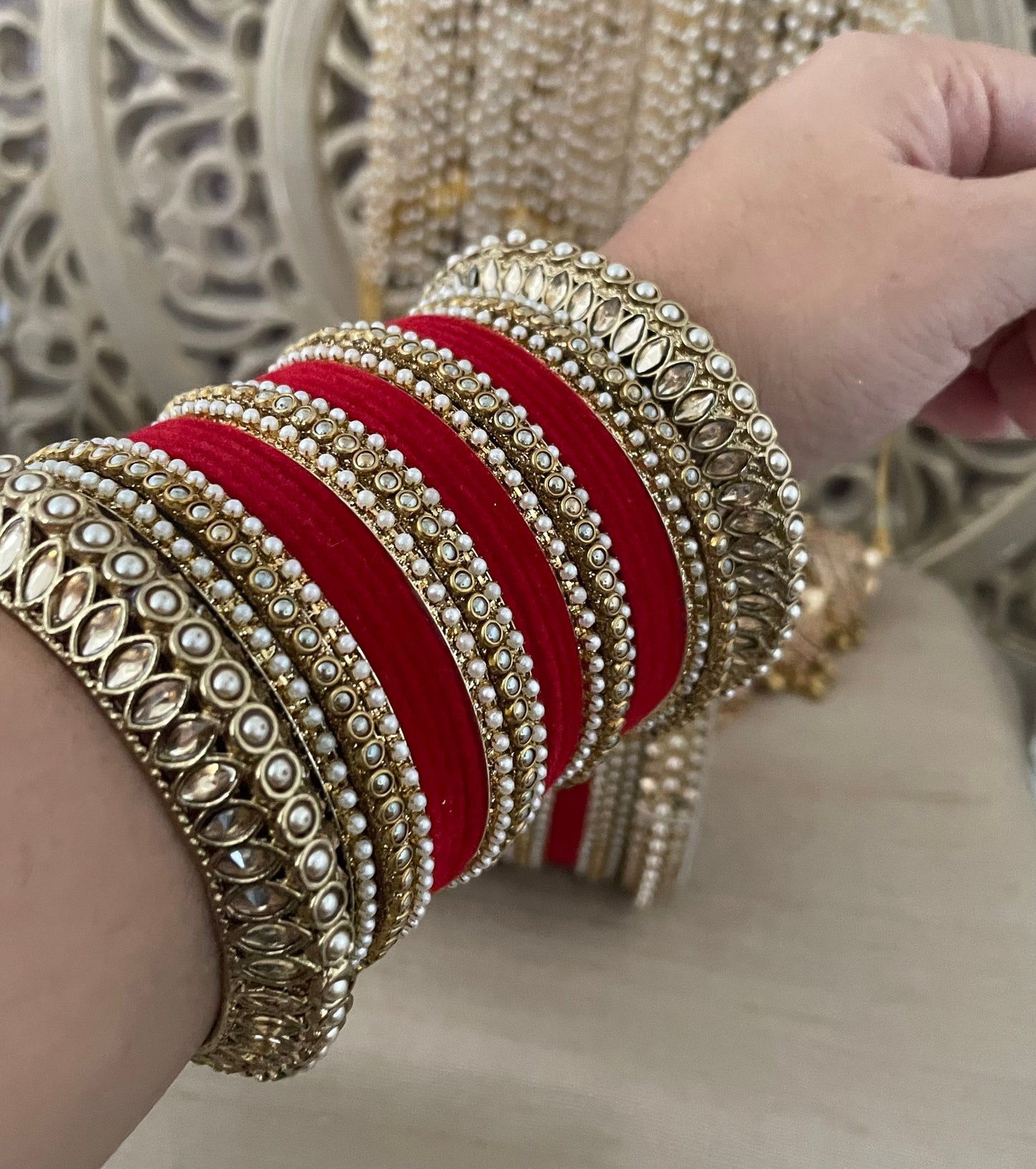 Red Velvet Bridal Bangle Stack: Kundan Indian Jewelry