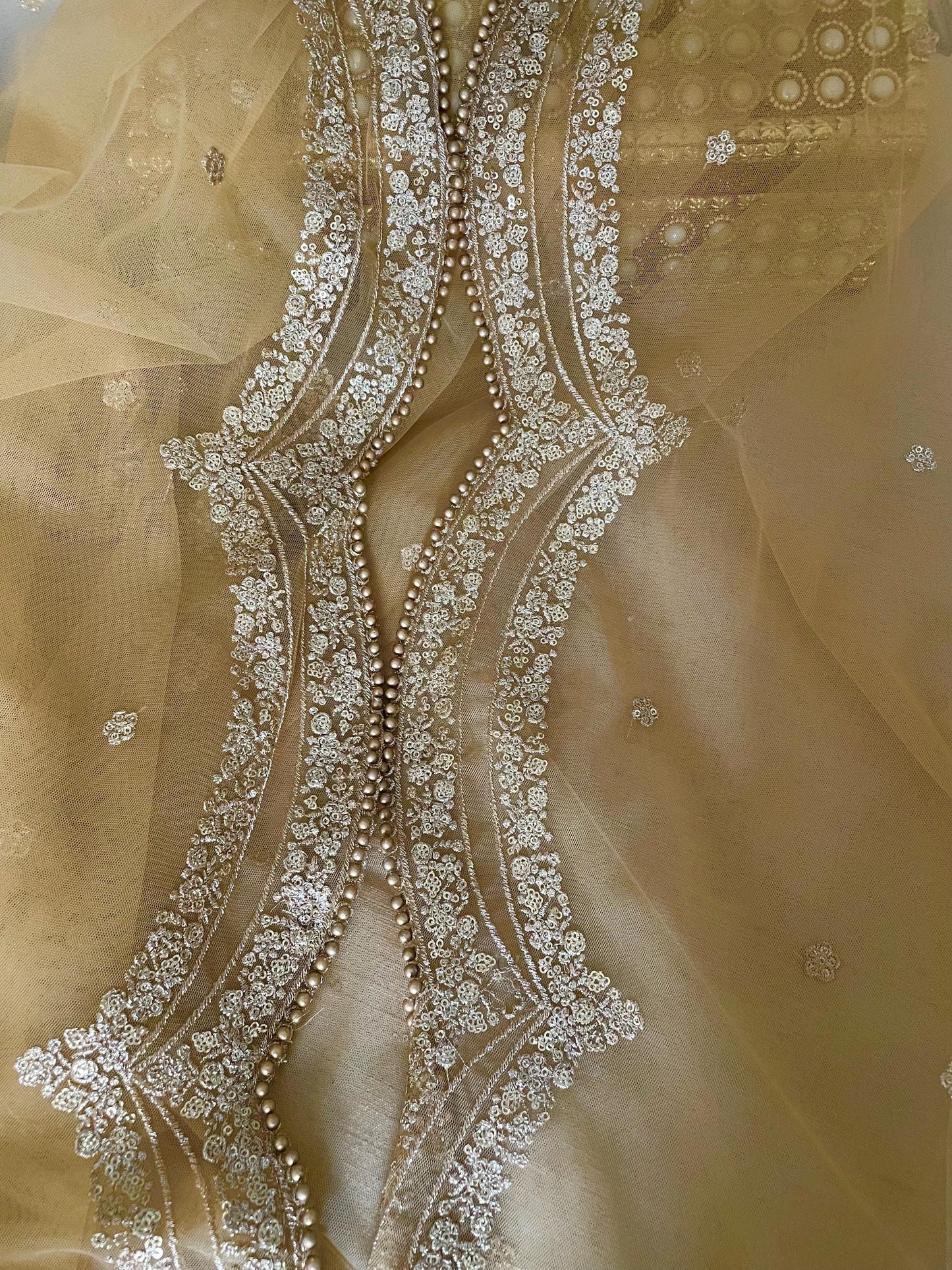Gold Net Dupatta: Scalloped Sequin Border, Beaded Edges
