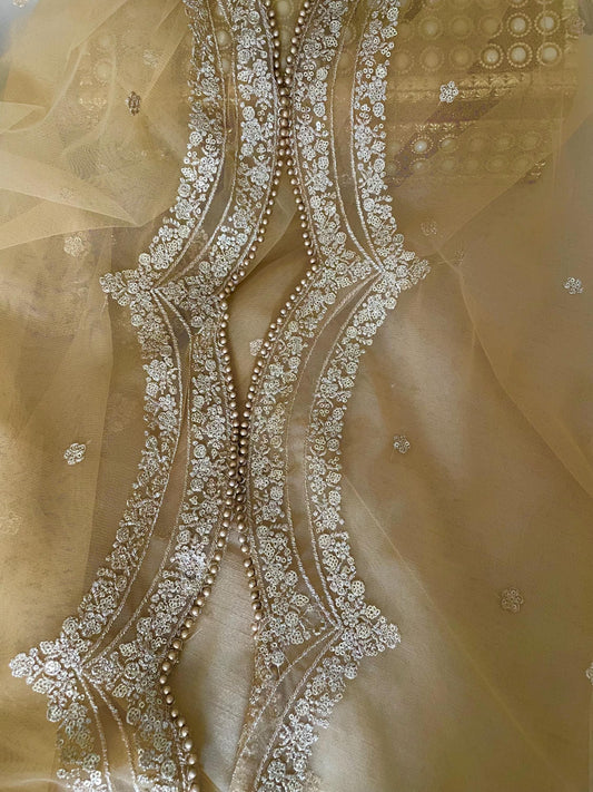 Gold Net Dupatta: Scalloped Sequin Border, Beaded Edges