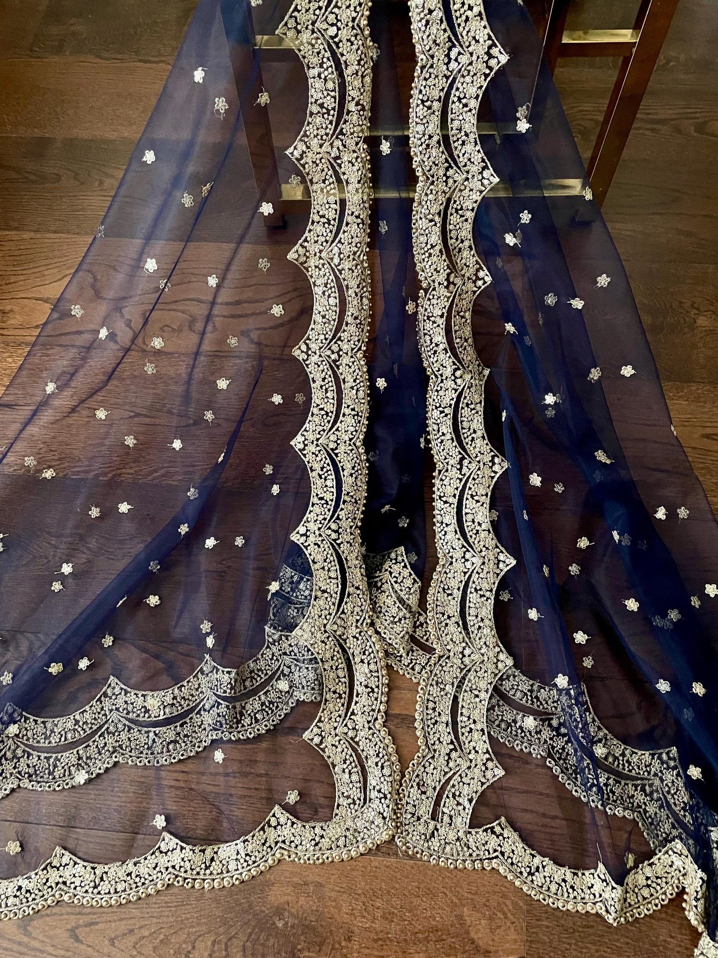 Navy - Blackish Blue| Net Duppattas scallop Sequin Golden beads border Scarf Chunni Chunri