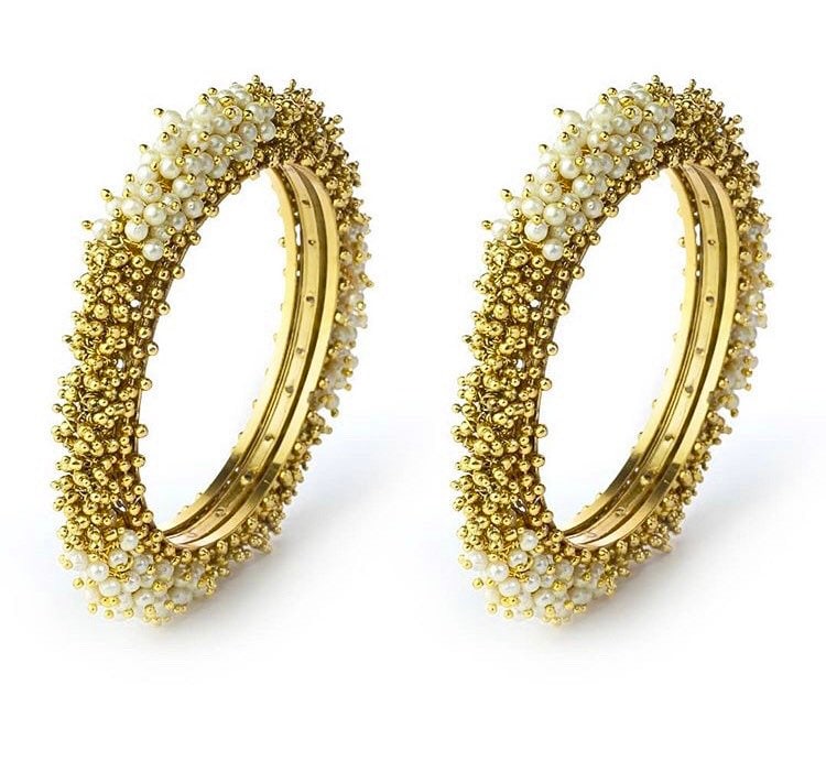 Pair of Gold and Pearl Statement Kangan Karas Indian Bangles Handwoven Gajra Bangles