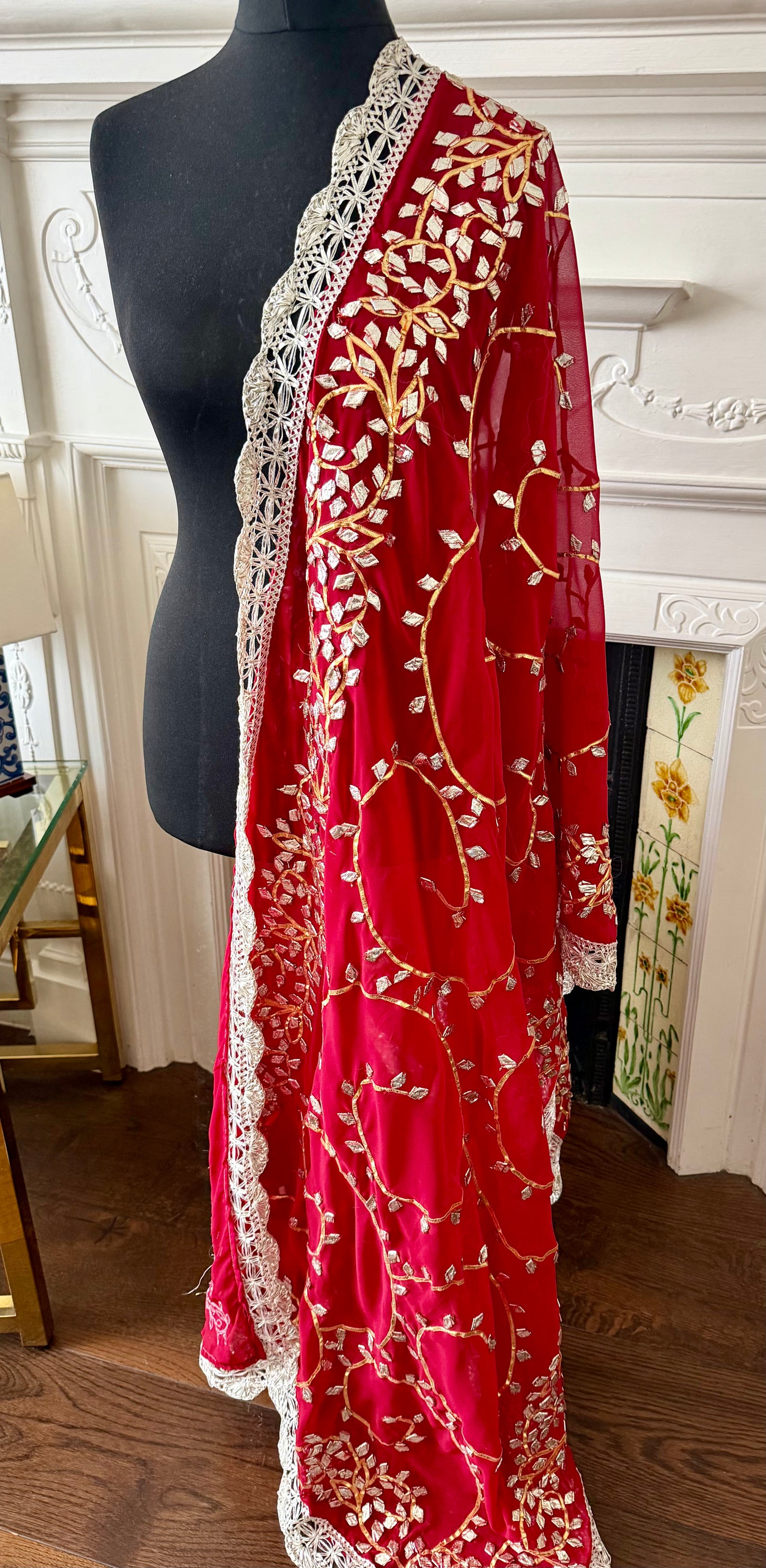 Dark-Red Silver Georgette Dupattas Heavy gota work border Scarf Chunni Chunri Odhni| Clearance