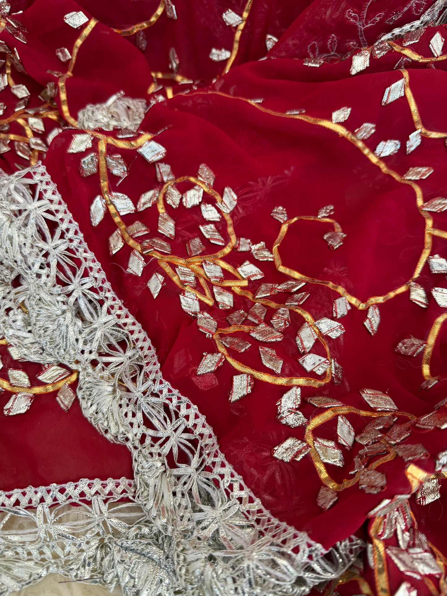 Dark-Red Silver Georgette Dupattas Heavy gota work border Scarf Chunni Chunri Odhni| Clearance