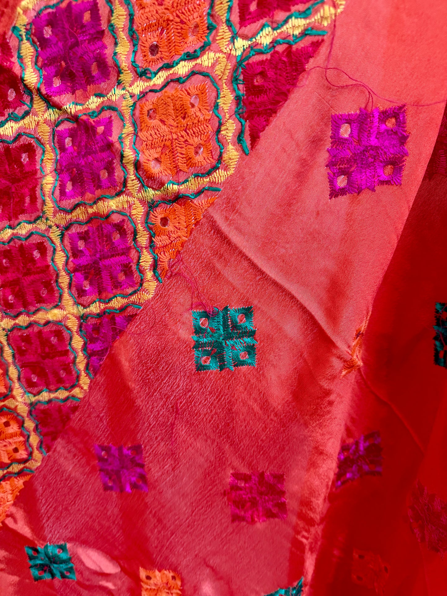 Orange Chinon Dupatta | Multicolor Mirror Embroidered Scarf | Indian Ethnic Dupatta | Lightweight Shawl Phulkari| Clearance