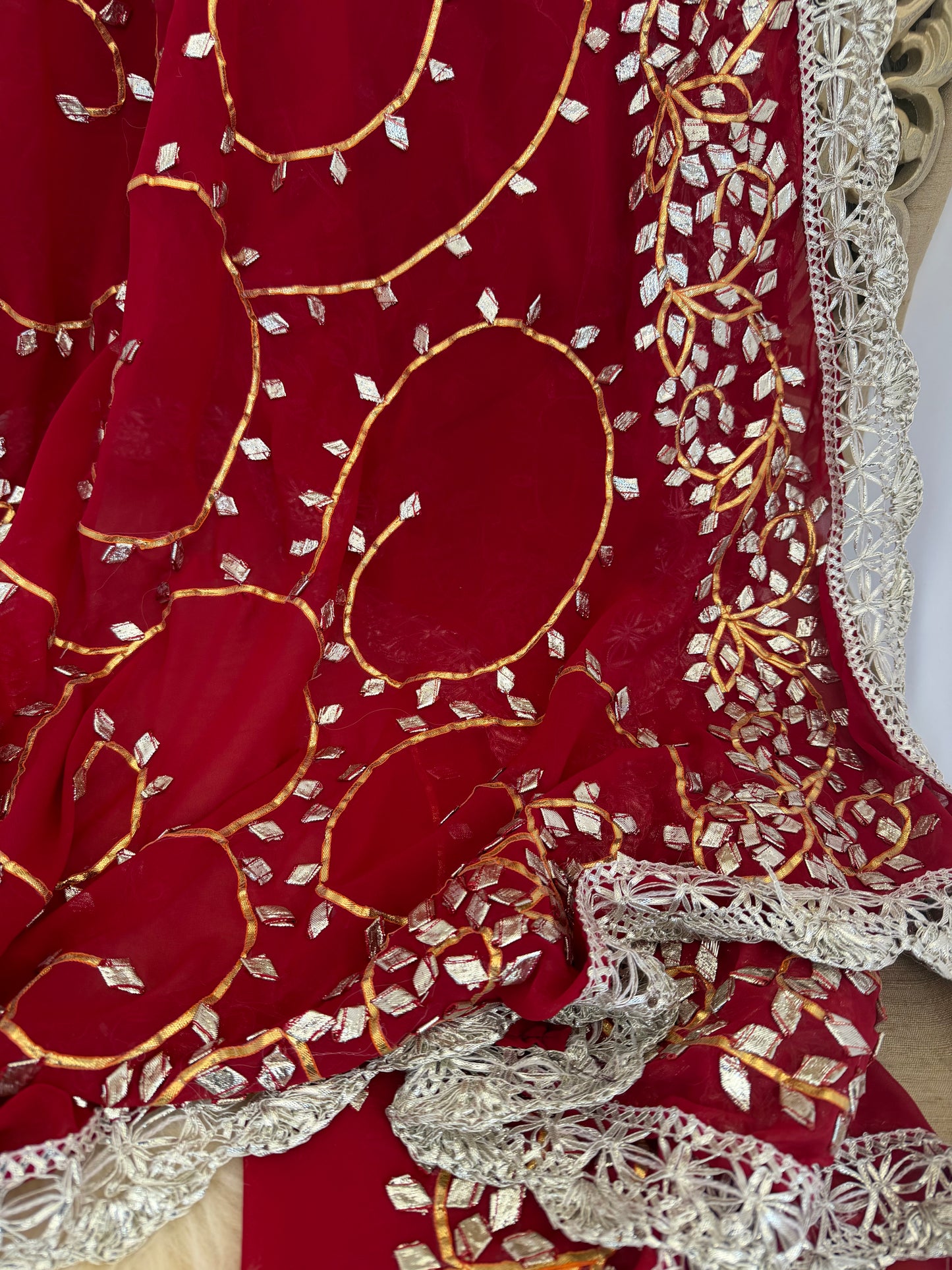 Dark-Red Silver Georgette Dupattas Heavy gota work border Scarf Chunni Chunri Odhni| Clearance