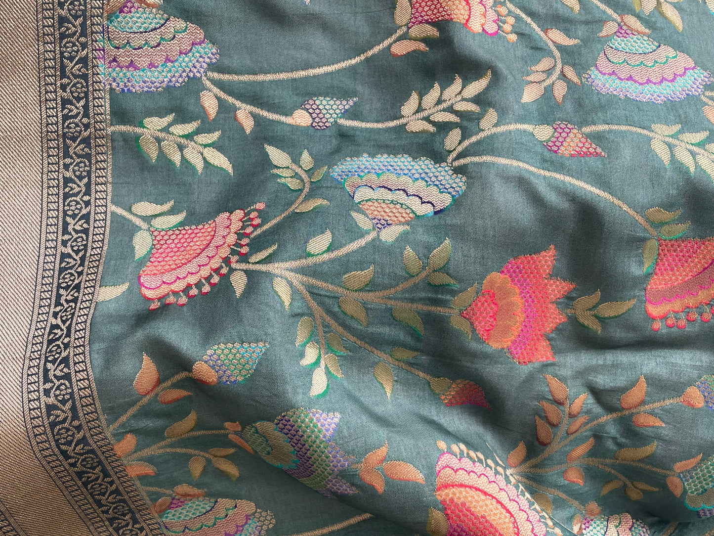 Vintage Muted Teal with Greyish undertones. Elegant & Suave Benarsi Banarsi Zari Woven Silk Duppattas Scarf Chunni Chunri Odhni