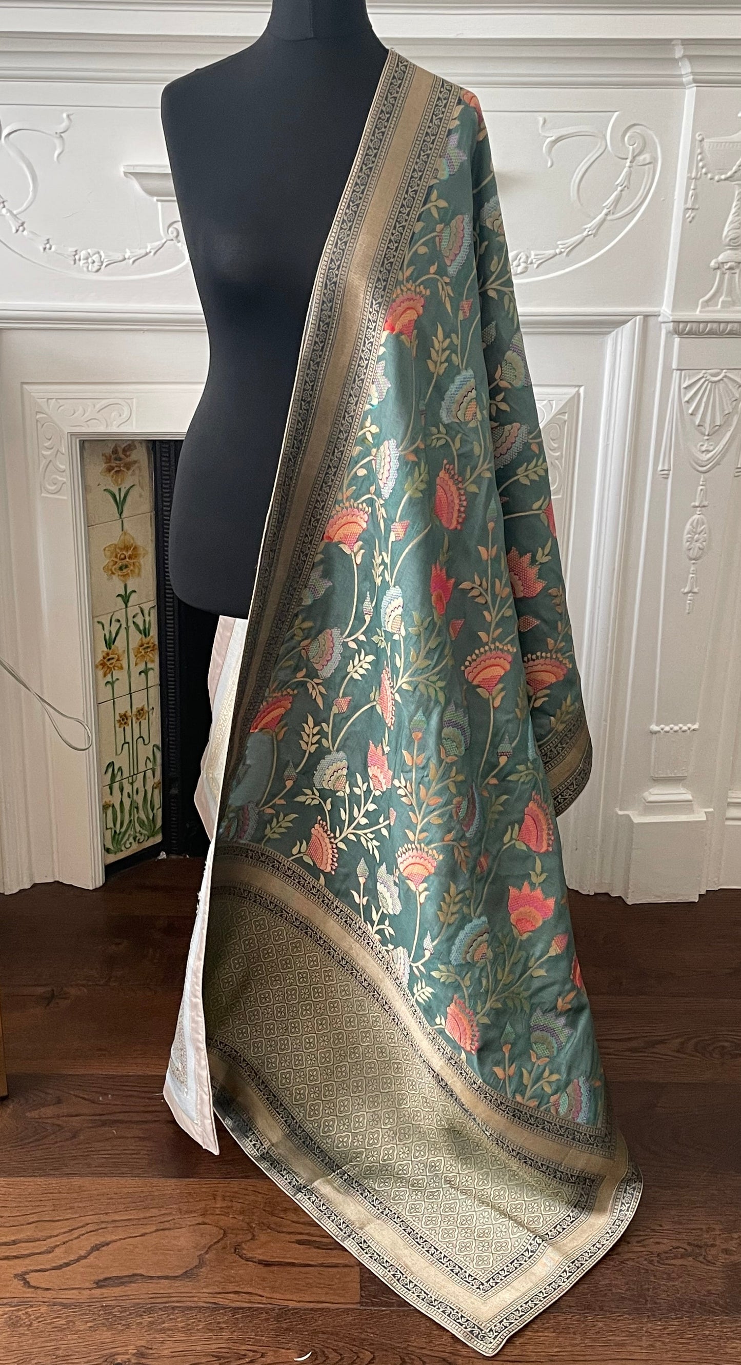 Vintage Muted Teal with Greyish undertones. Elegant & Suave Benarsi Banarsi Zari Woven Silk Duppattas Scarf Chunni Chunri Odhni