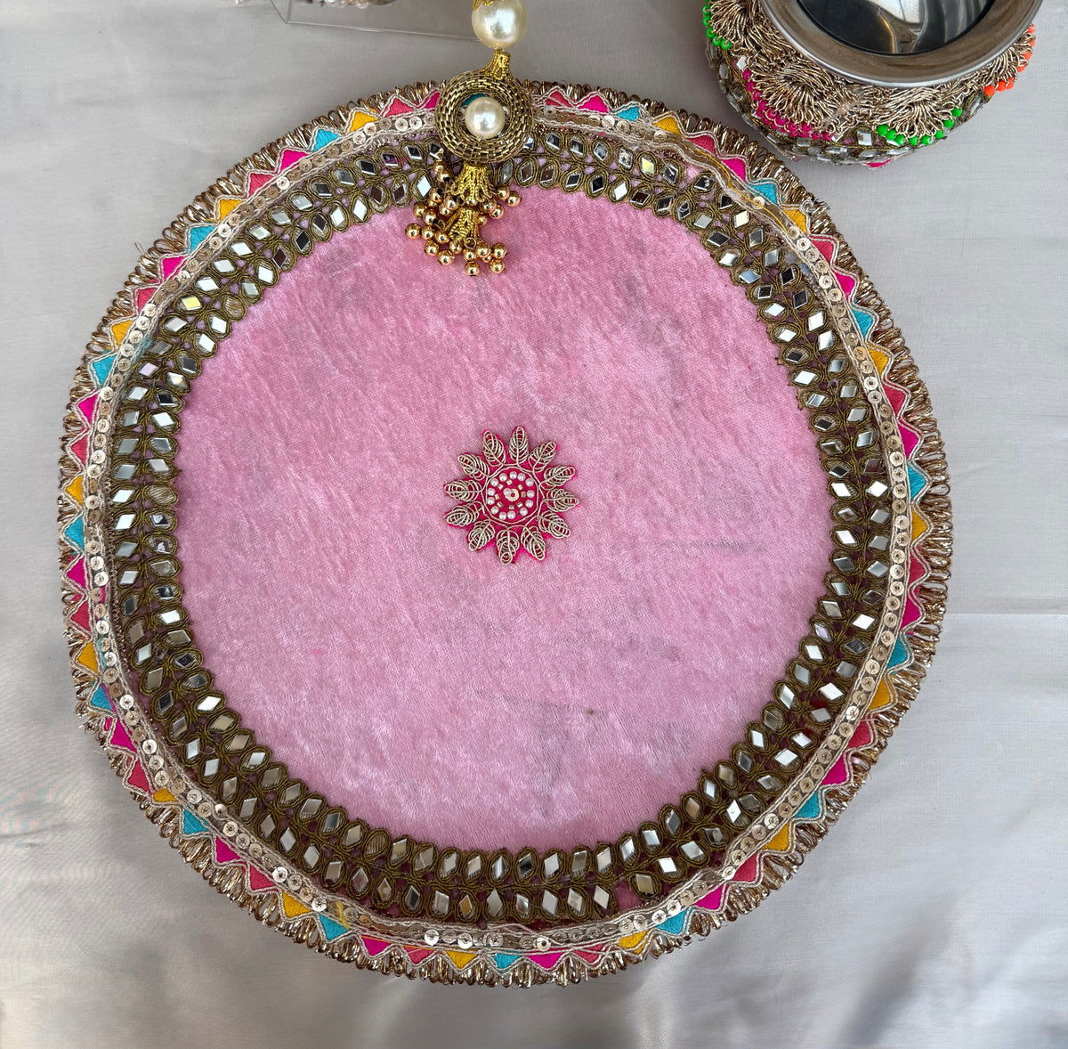 Pink Velvet Karwachauth/Karvachauth/Karwa Chauth/Teej Pooja Tray Thaal Karwa Set| 3 pieces