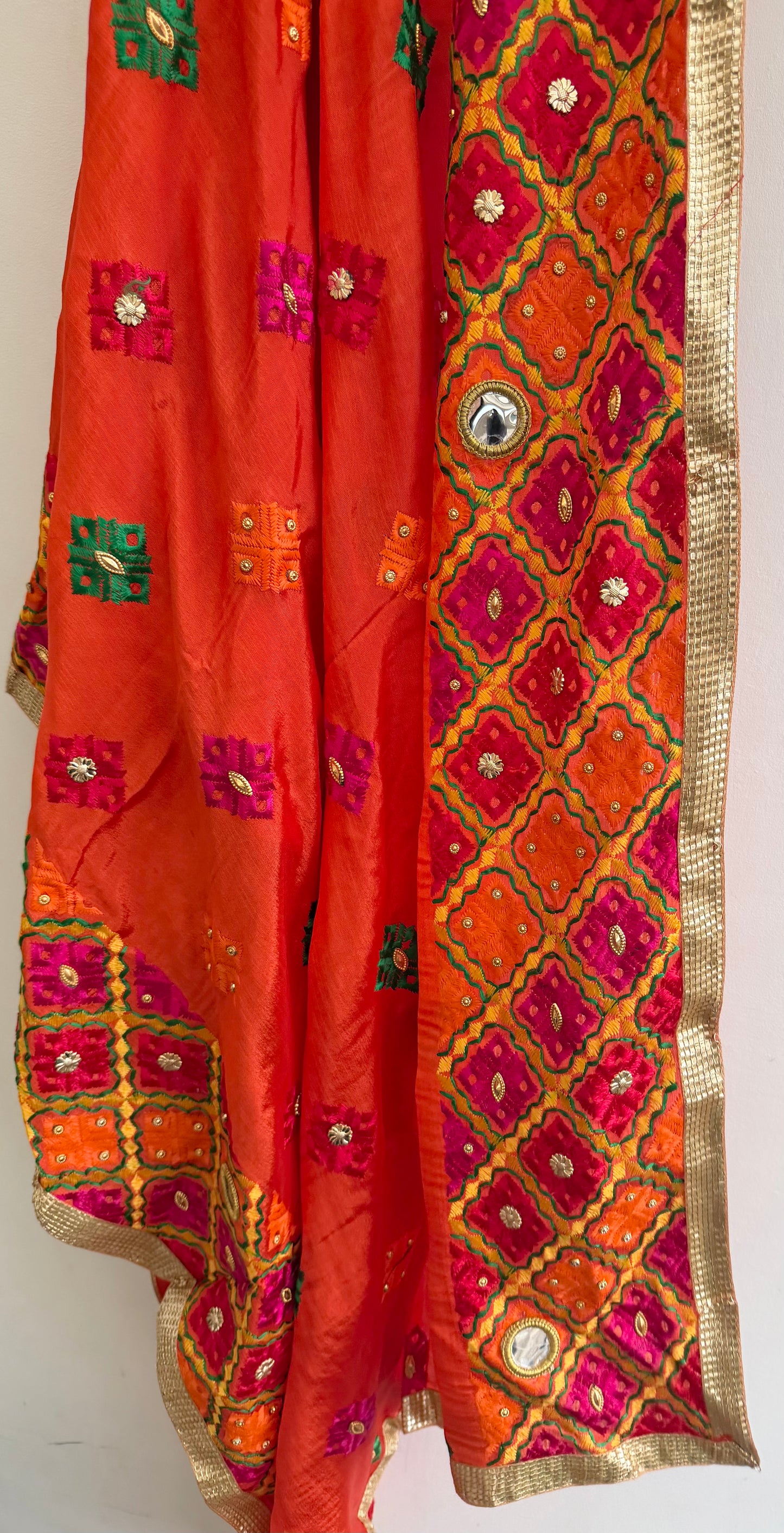 Orange Chinon Dupatta | Multicolor Mirror Embroidered Scarf | Indian Ethnic Dupatta | Lightweight Shawl Phulkari| Clearance